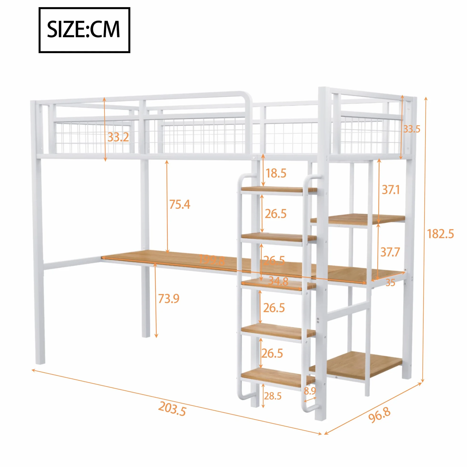 Cama alta de metal 90x200 cm con escalera y valla de seguridad blanca