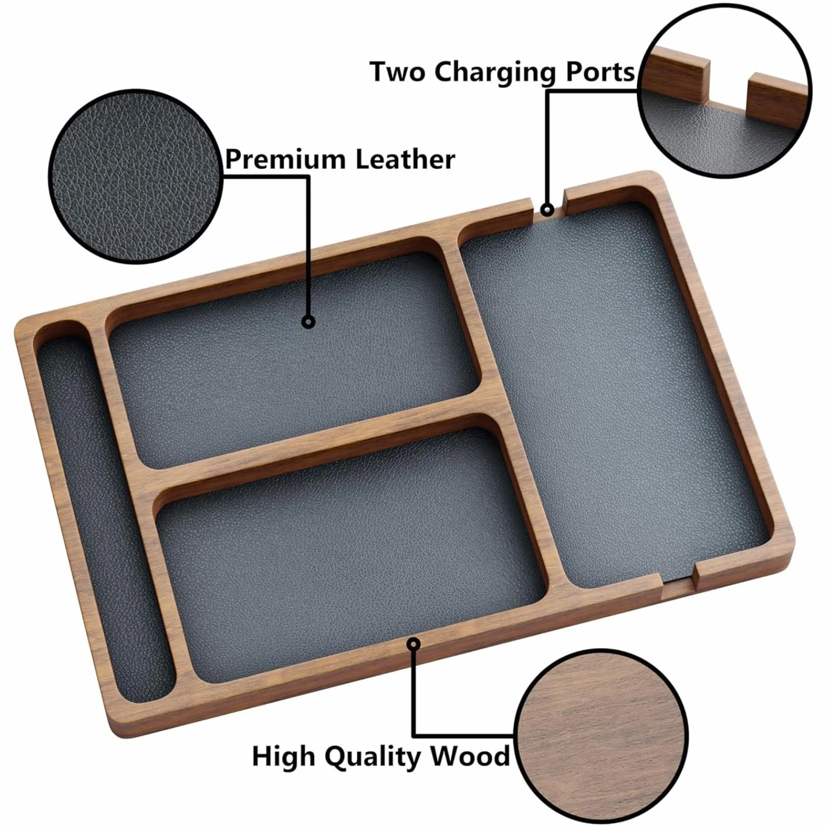 Bandeja de Valet de Madera con incrustación de Cuero, Organizador de Nocturno de Compartimento 12x8 para Hombres Mujeres, Captura Todo Bandeja para Llaves, teléfono, Billetera, Reloj, Auriculares, or