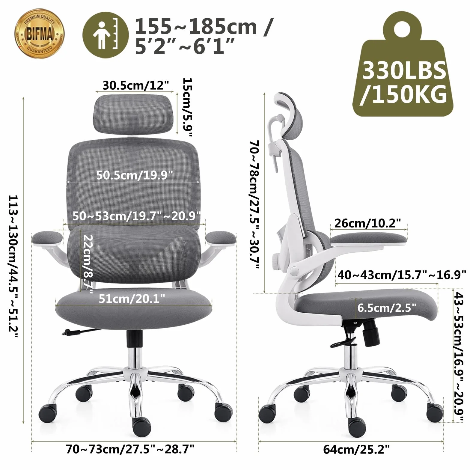 Silla Ergonómica para Oficina, Silla de Escritorio Respaldo Alto de Malla, Soporte Lumbar Ajustable, Reposabrazos Abatible, Reposacabezas Desmontable, Silla Giratoria para Juegos, 150 KG