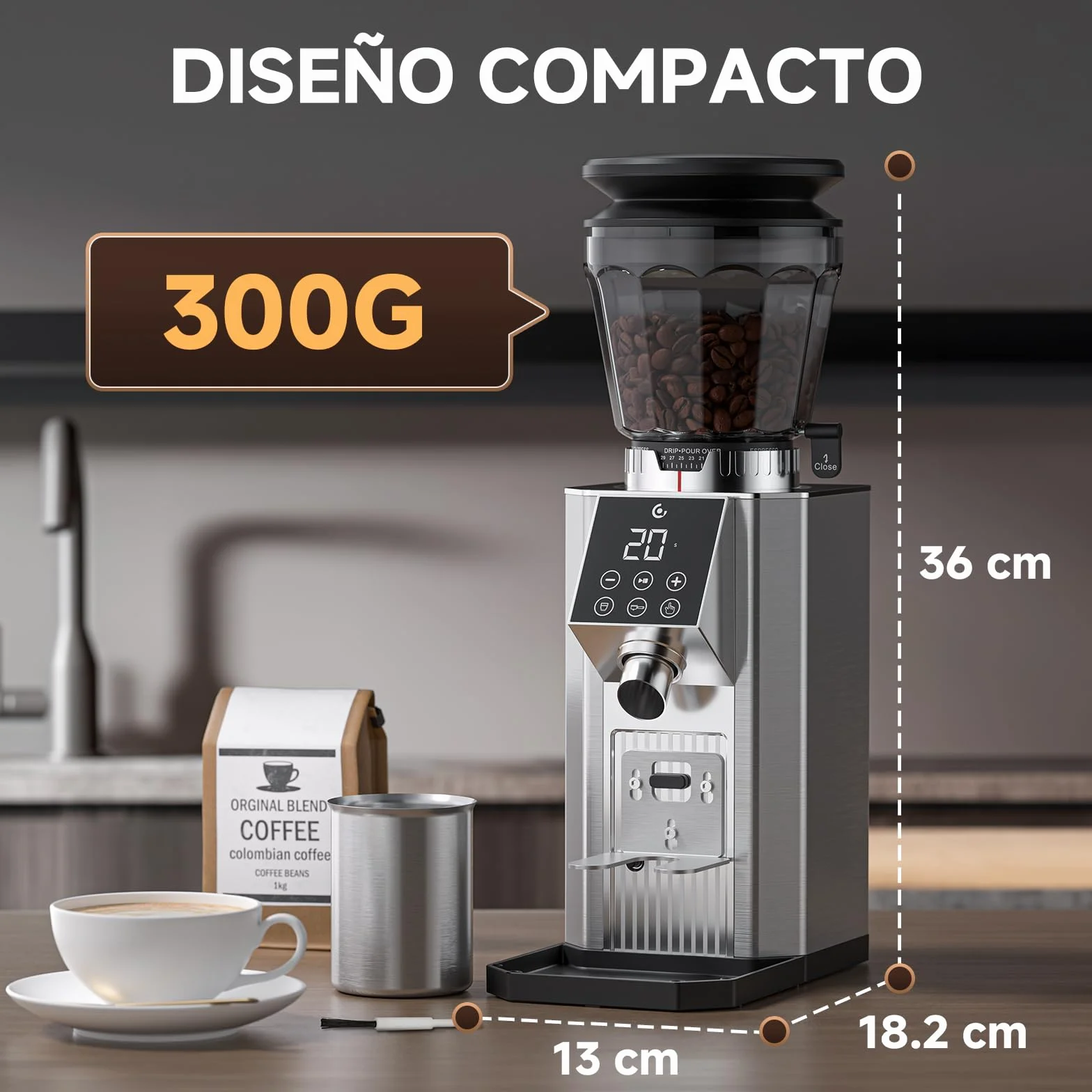 AMZCHEF Molinillo de Café Eléctrico para Espresso, 45 Ajustes de Molienda, Muelas Cónicas de Acero Inoxidable, Soporte para Portafiltros Ajustable, Panel Táctil LED, Tecnología Anti-Stática