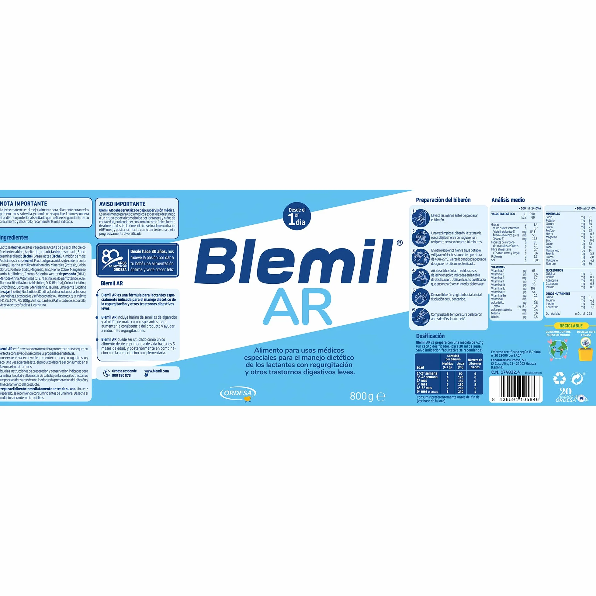 Blemil AR 800g Leche de Inicio en polvo para Regurgitación y Trastornos digestivos leves