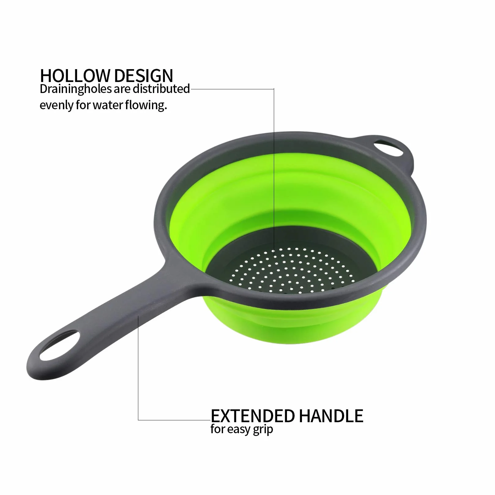 Colador Plegable Silicona con Asa, Cesta de Drenaje para Frutas y Verduras, Colador de Cocina - Verde, 2 Piezas