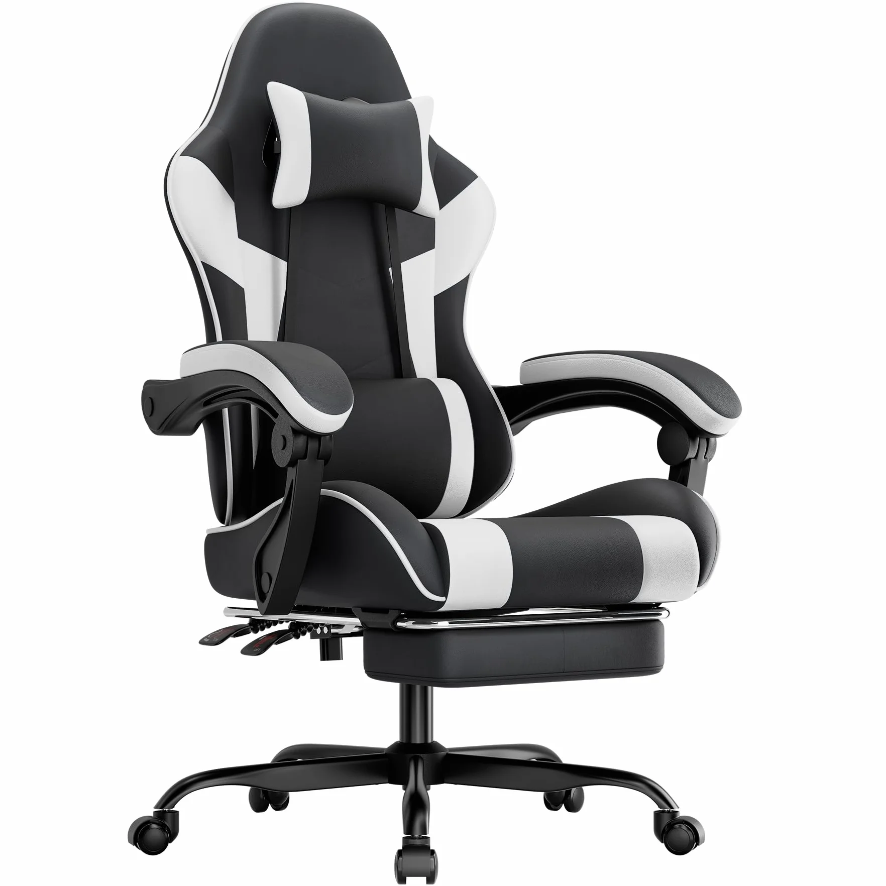 Silla para gaming, silla ergonómica para gamer, con reposapiés, reposacabezas y soporte lumbar, altura regulable, acolchada, 200 kg (negro y blanco)