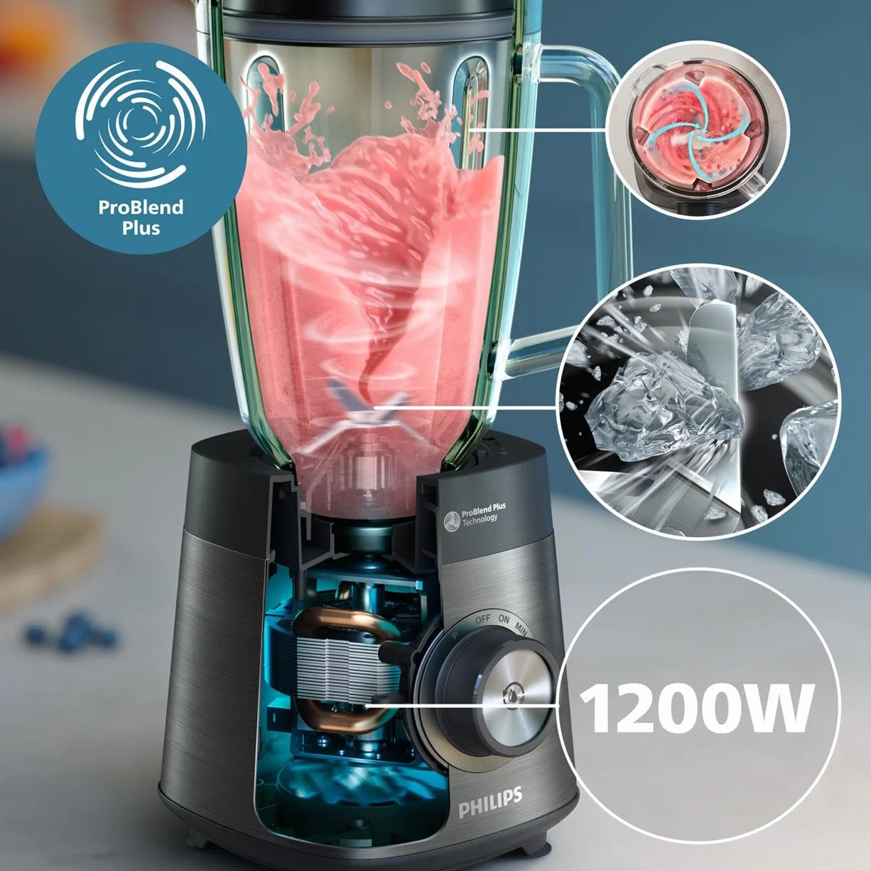 Philips Serie 5000 Batidora, Motor ProBlend Plus de 1200 W, Prepara Batidos Espesos de Fruta Congelada, Capacidad de 2 litros, Limpieza Sin Esfuerzo, Aplicación Nutri-U, Negro (HR3041/00)