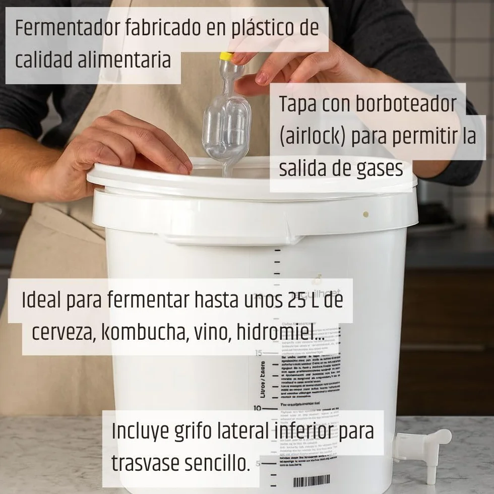 Cocinista Cubo fermentador 30 L con Grifo y válvula airlock, depósito Graduado para Cerveza Artesanal, Vino, Sidra, hidromiel, Kombucha, plástico alimentario Reutilizable