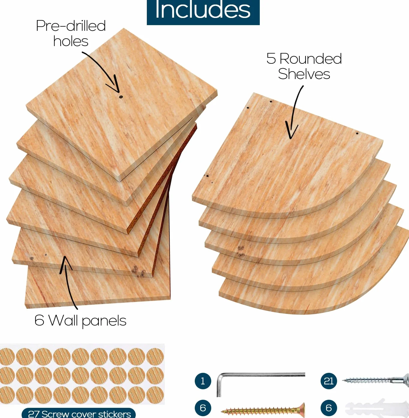 edihome, Estantería Esquina Pared, 5 Baldas,123 x 19,2cm, Madera Natural, Esquinera, Decoración, Estante Salón, Certificación Europea (Madera)