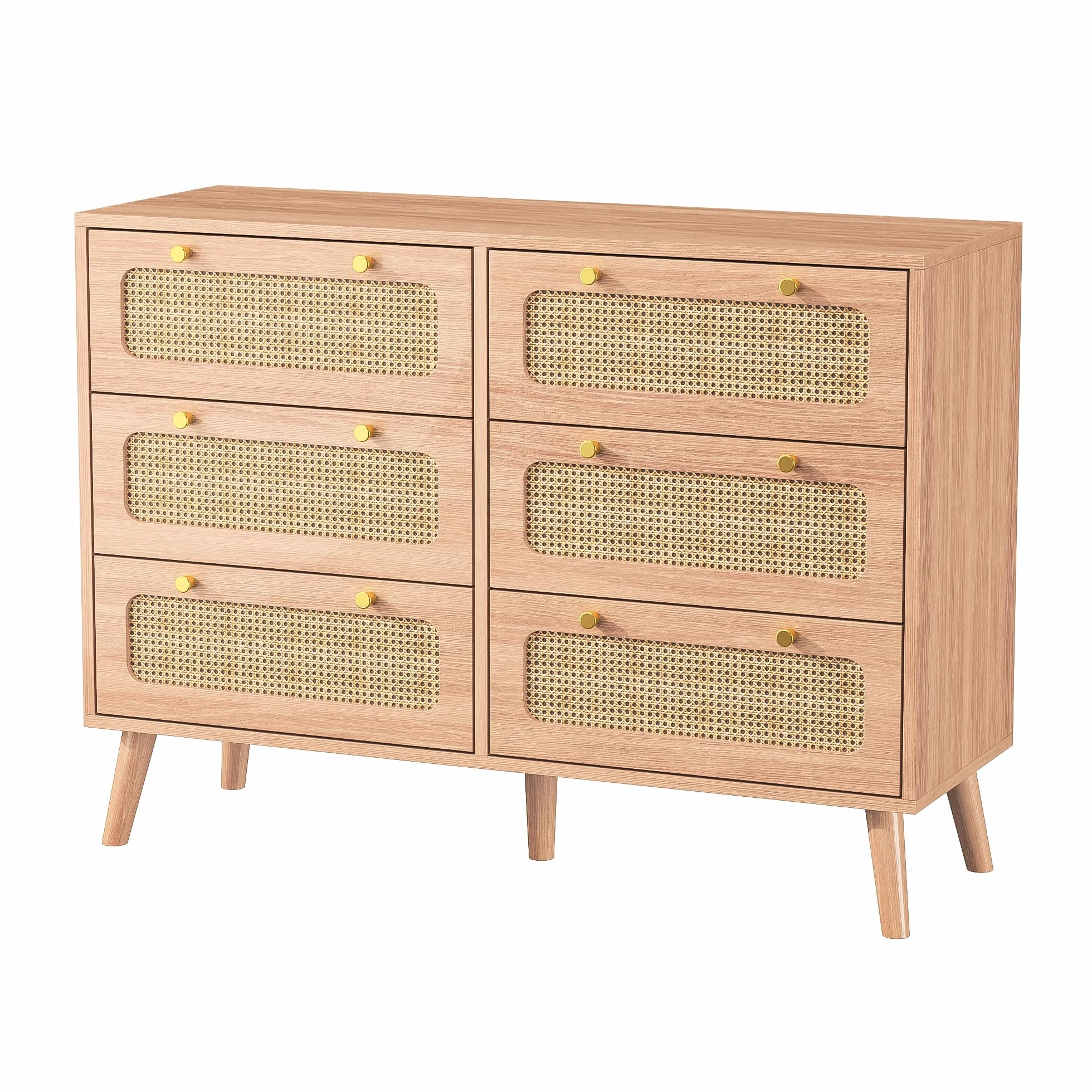 Cómoda de 6 cajones de Madera, Estilo nórdico, cómoda de Almacenamiento con Paneles de ratán, cómoda de Dormitorio Adulto, Color Madera Natural, 100x34x73 cm
