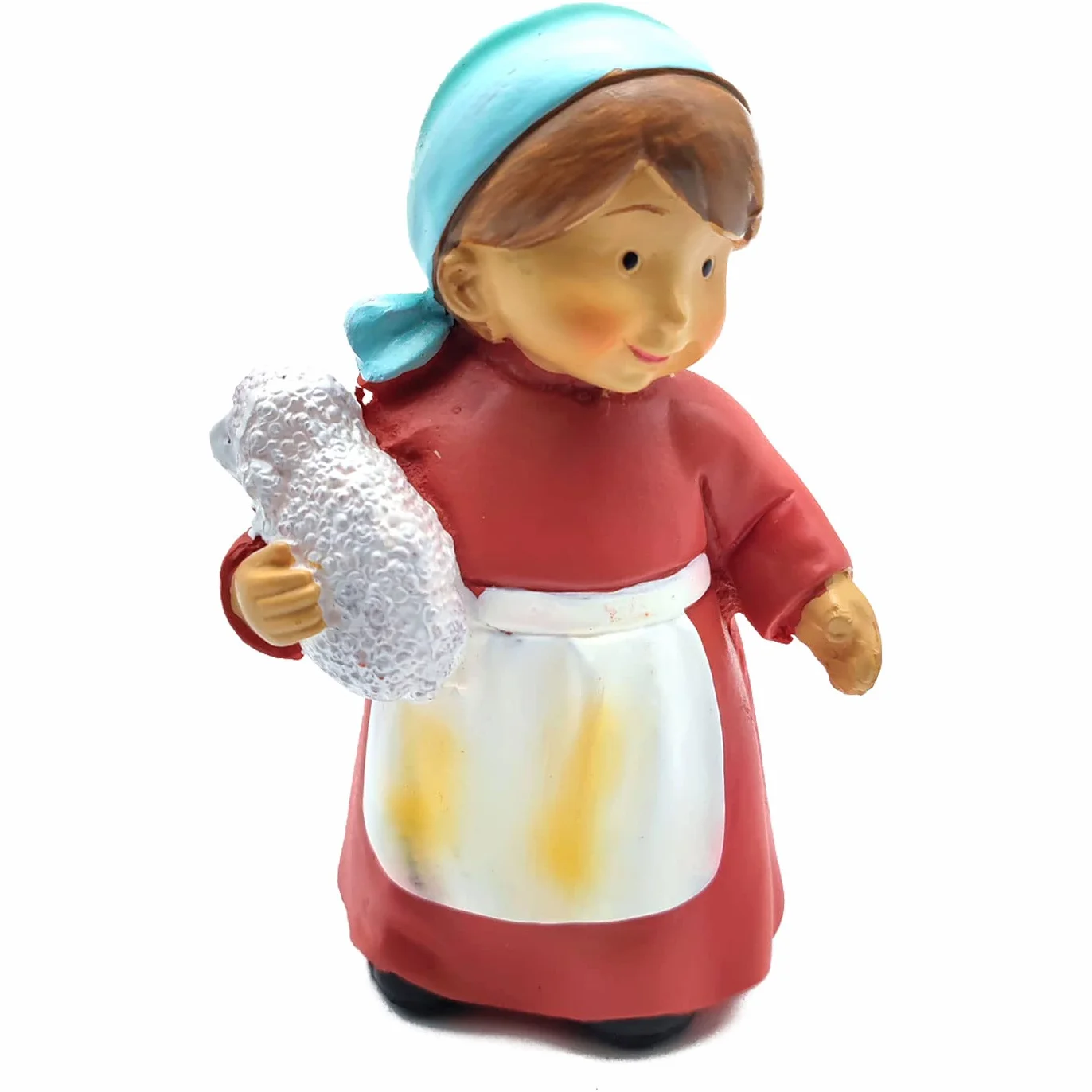 AC - Figura de pastora de Color Rojo con Cordero Naif para belén - Fabricado en marmolina - Decoración Divertida para Nacimiento, Navidad, Tradicional - 9,7 x 5 x 4 cm
