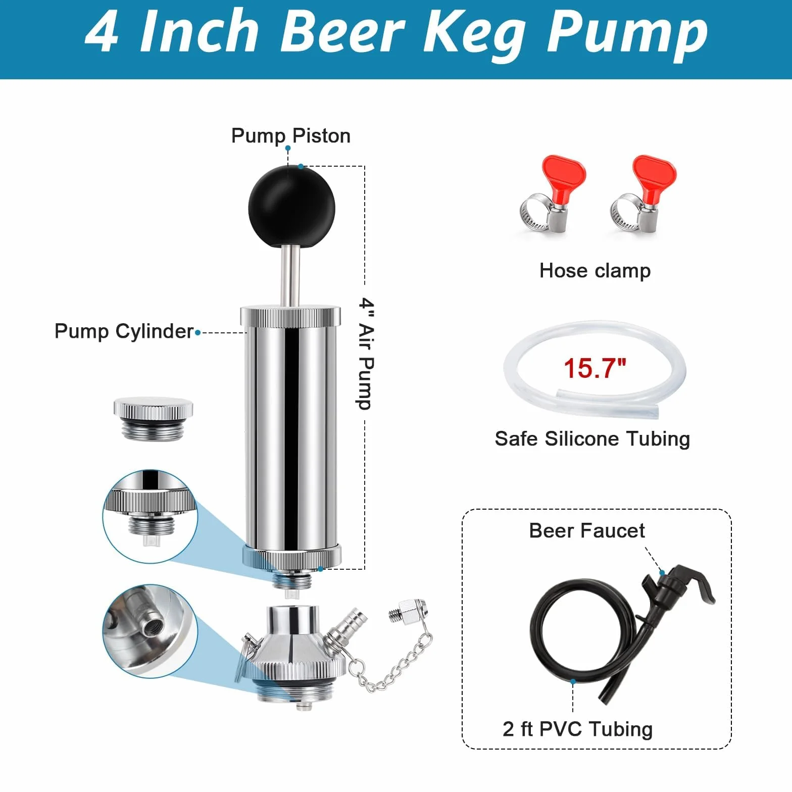 Grifo de barril de cerveza, bomba manual de latón resistente, bomba para fiestas, grifo de cerveza de 4 pulgadas para mini barril, Growler, sonda de acero inoxidable, dispensador de mini barril PRV