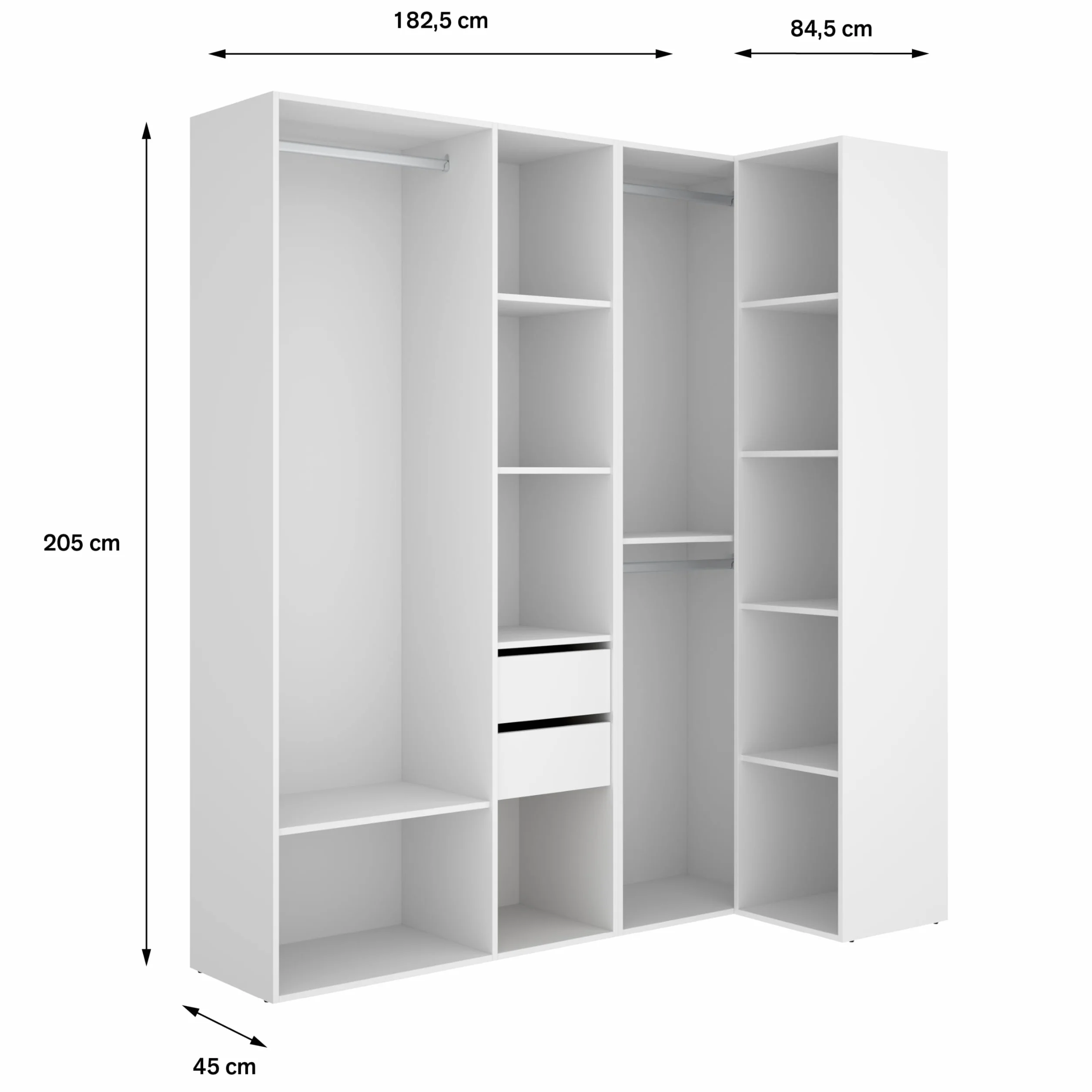 DEKIT GRUPO RIMOBEL SUIT - Conjunto de armario-vestidor rinconero con dos cajones - BLANCO/NATURAL - 205 x 1825 x 79,5