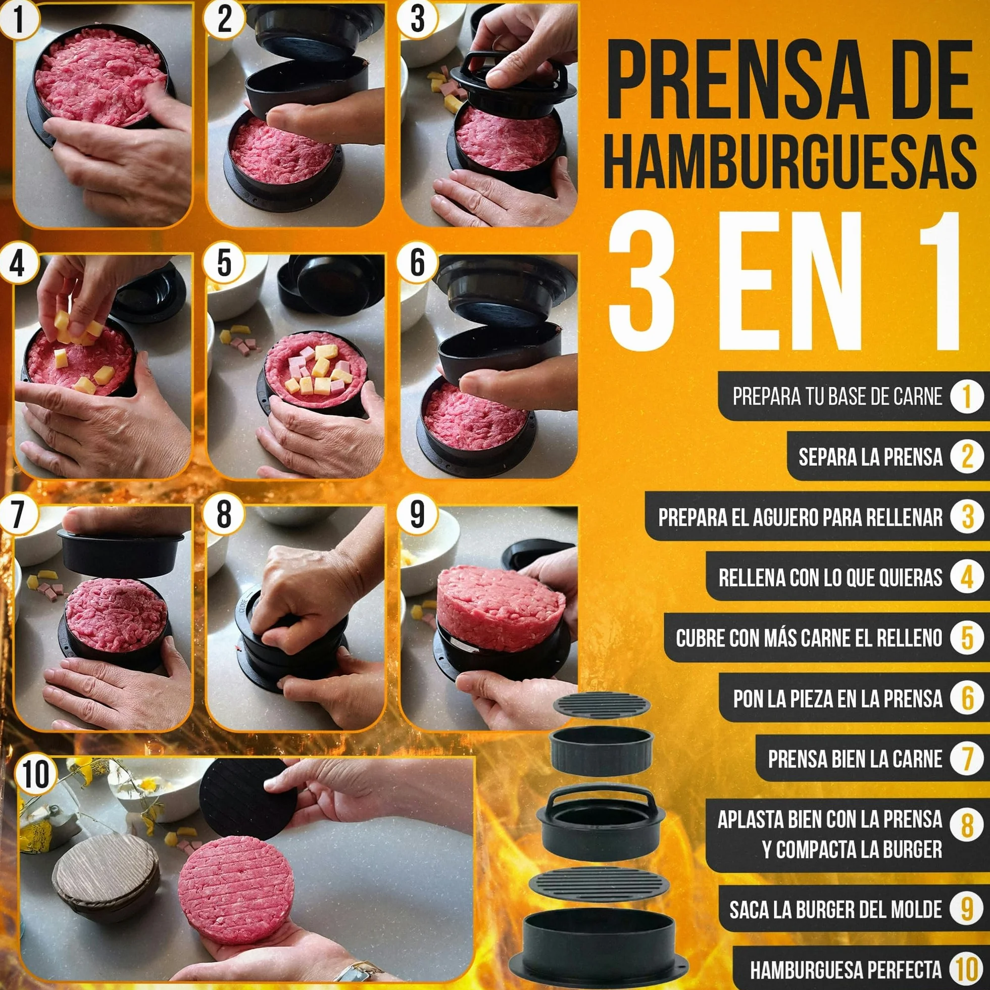 Kit Smash Burger Profesional 7 Piezas Aplastador de Acero 304 Molde Hamburguesas 3 en 1 Espátula Papeles