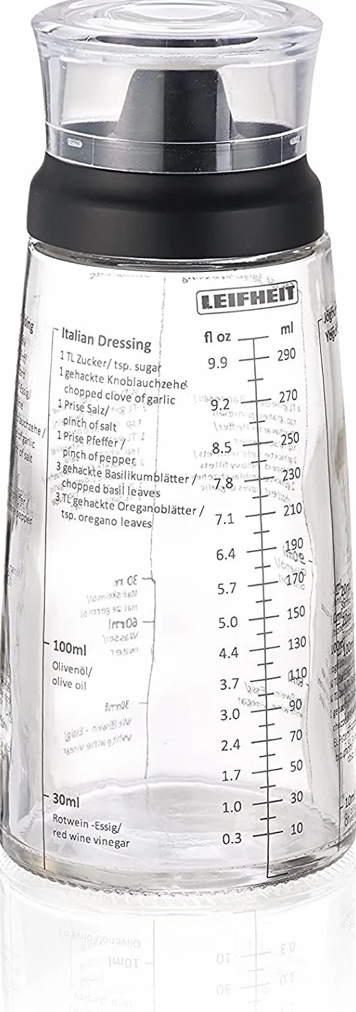 Leifheit Mezclador de aliños de vidrio 300 ml, vaso con salida antigoteo