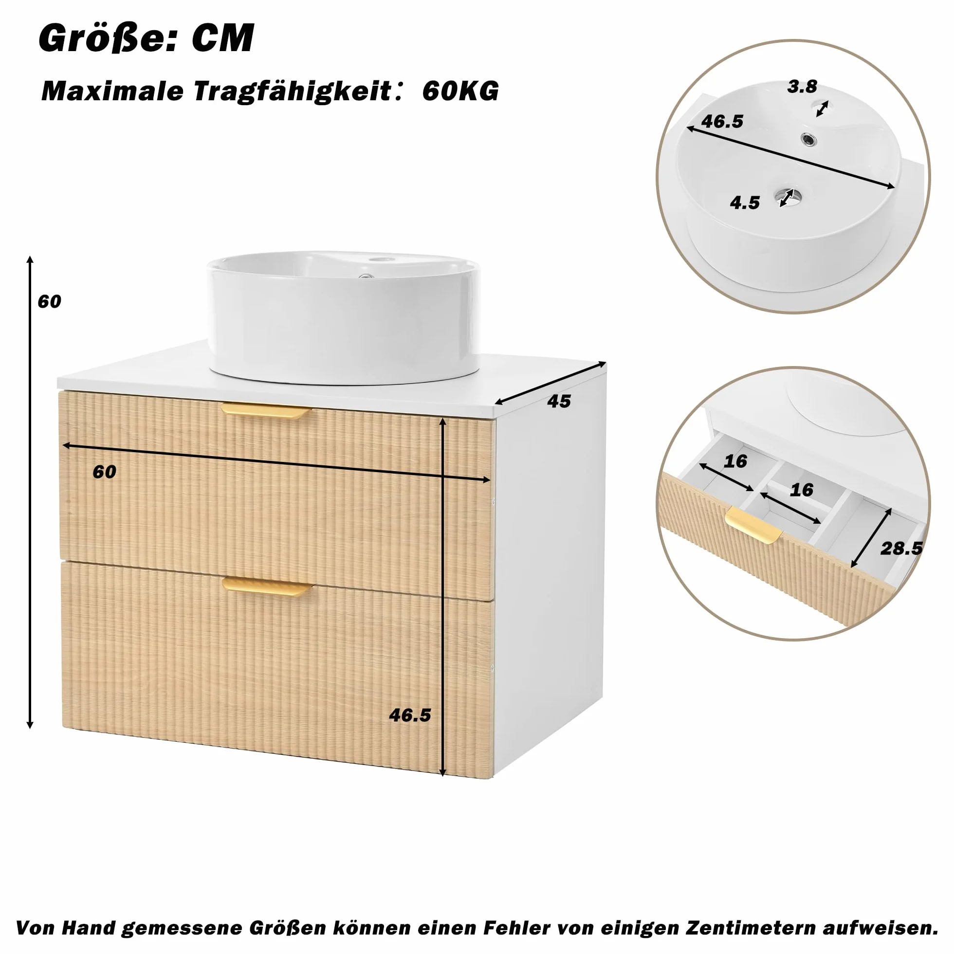 Armario de baño de 60 cm montado en la pared con lavabo de cerámica redondo, frentes de cajones con aspecto de madera con diseño de rayas simples, tablero MDF de alta calidad, gran capacidad de