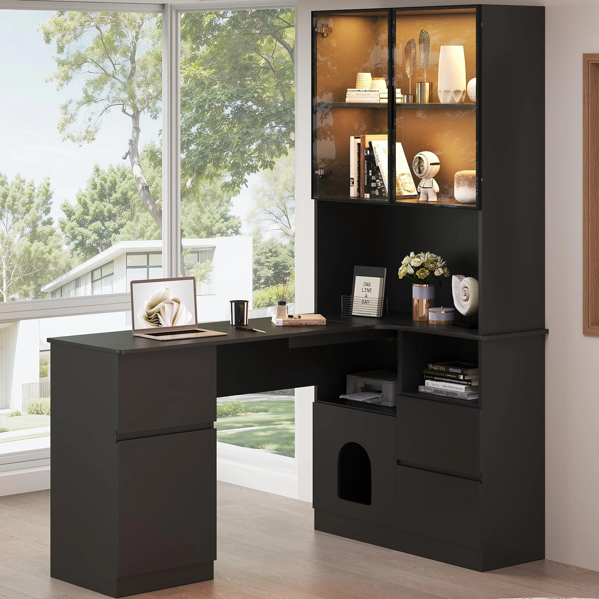 Escritorio de Esquina con Estante y Vitrina LED – Escritorio con gestión de Cables, Escritorio de Esquina con estantería integrada (Nero - Destra, 120×80×180 cm)