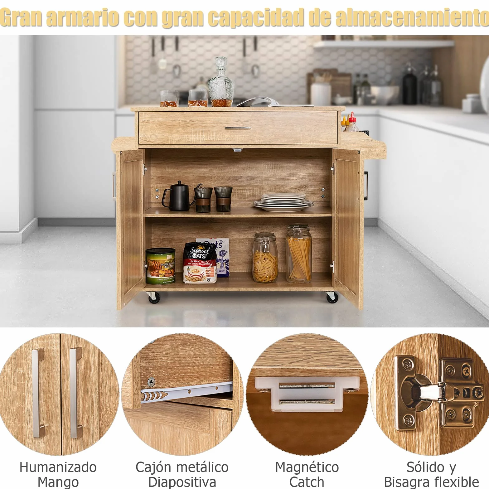 GOPLUS Carro de Cocina, Isla de Cocina con Servicio Multifuncional, Armario de Cocina con Toallero y Estante para Especias, 116 cm x 40 cm x 85 cm (Natural)