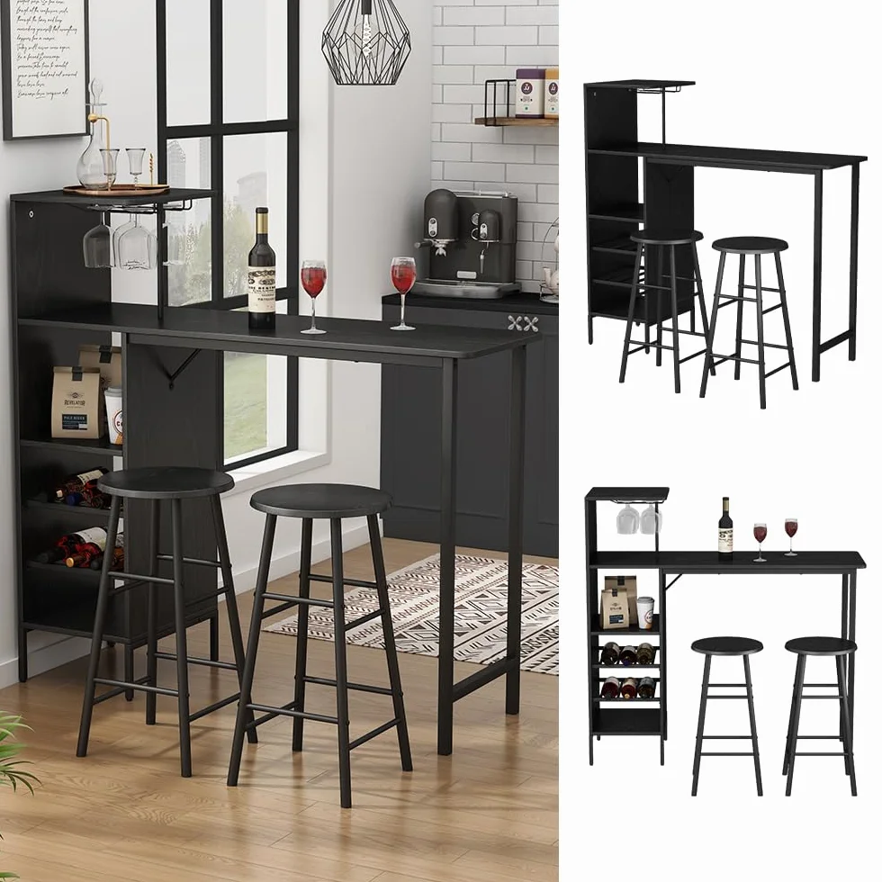 Vicco Juego de Mesa de Bar Naila, Negro, 121.5 x 40 cm con 2 taburetes, Apto como Comedor con Superficies de Almacenamiento para Guardar Objetos