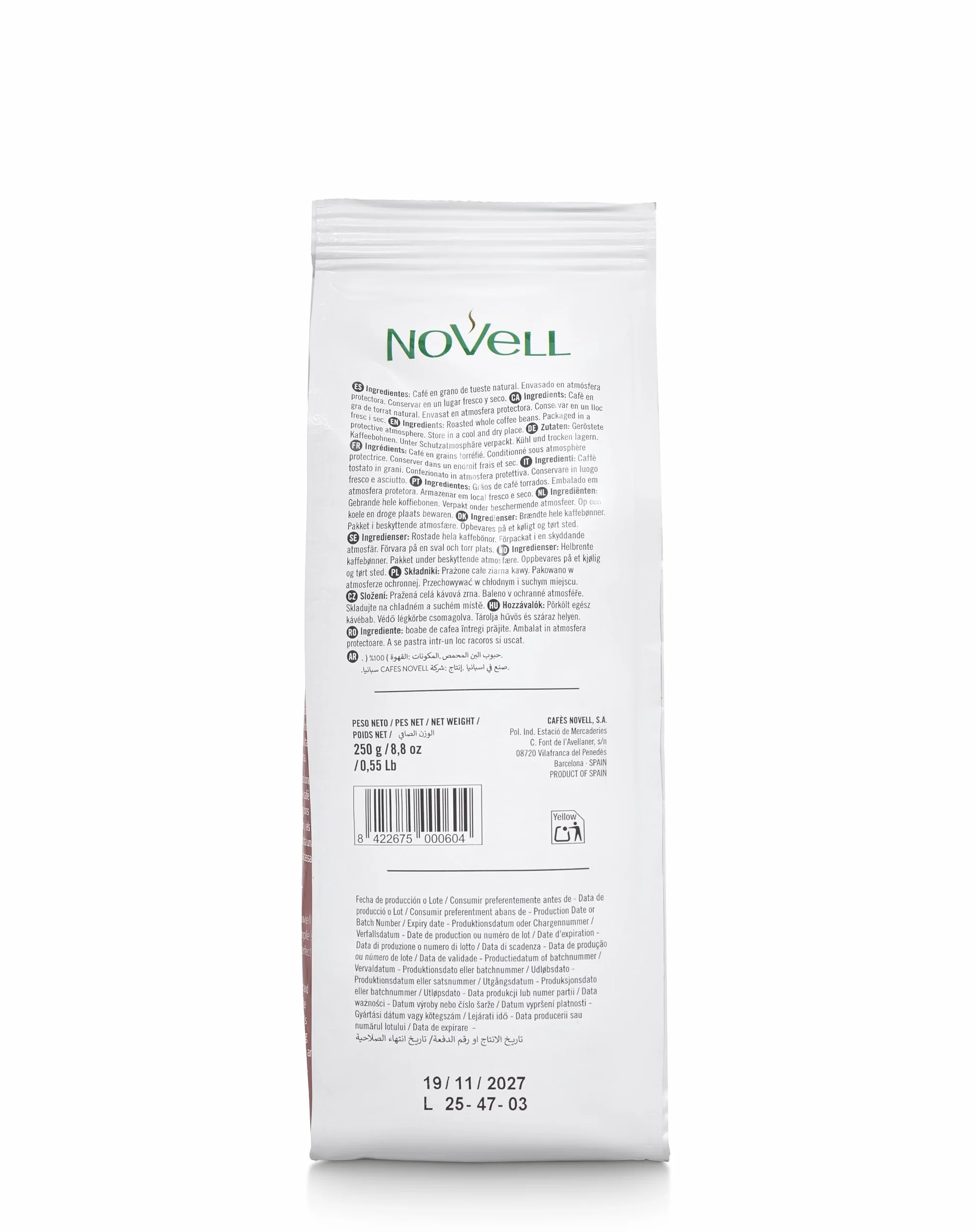 NOVELL Café en Grano Natural 100% Arábico 250g Premium Gourmet