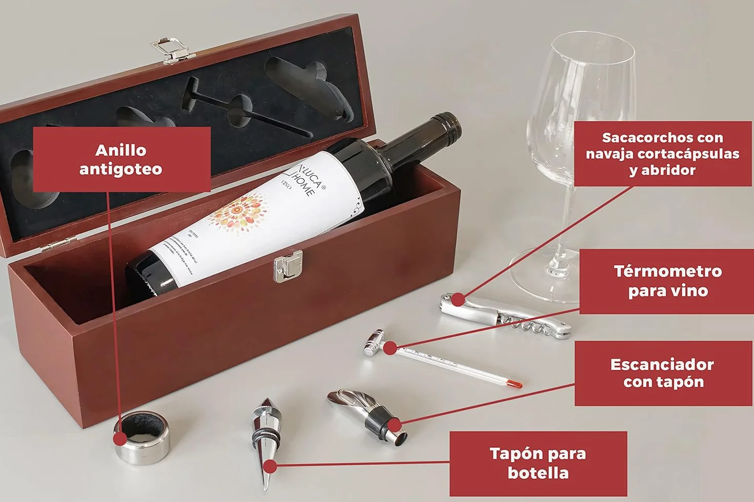 Set de accesorios sommelier con caja de madera para vino, 5 piezas