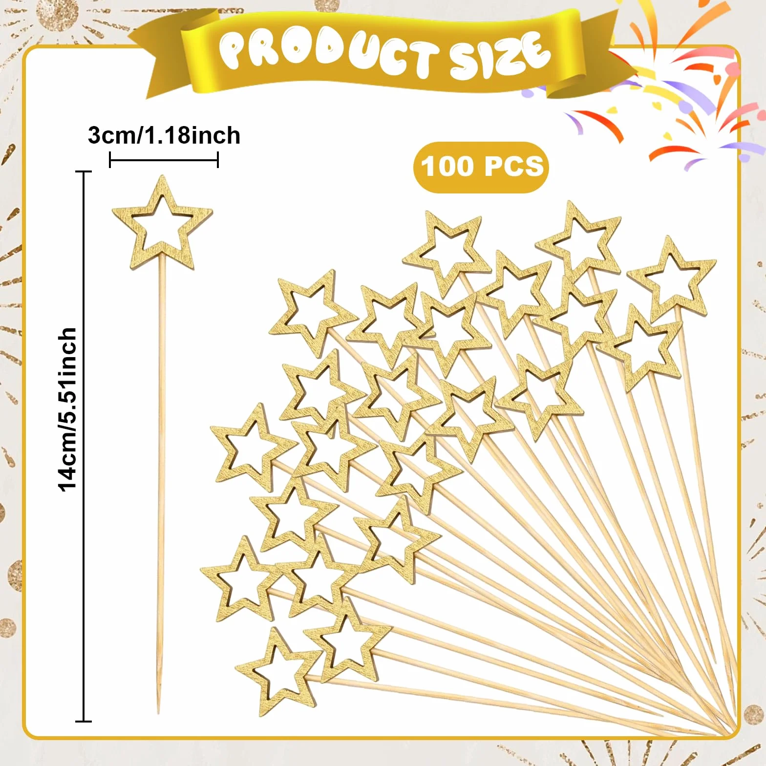 Pinchos de Cóctel con Pentagrama Palillos para Aperitivos de Madera Dorado 100 Piezas
