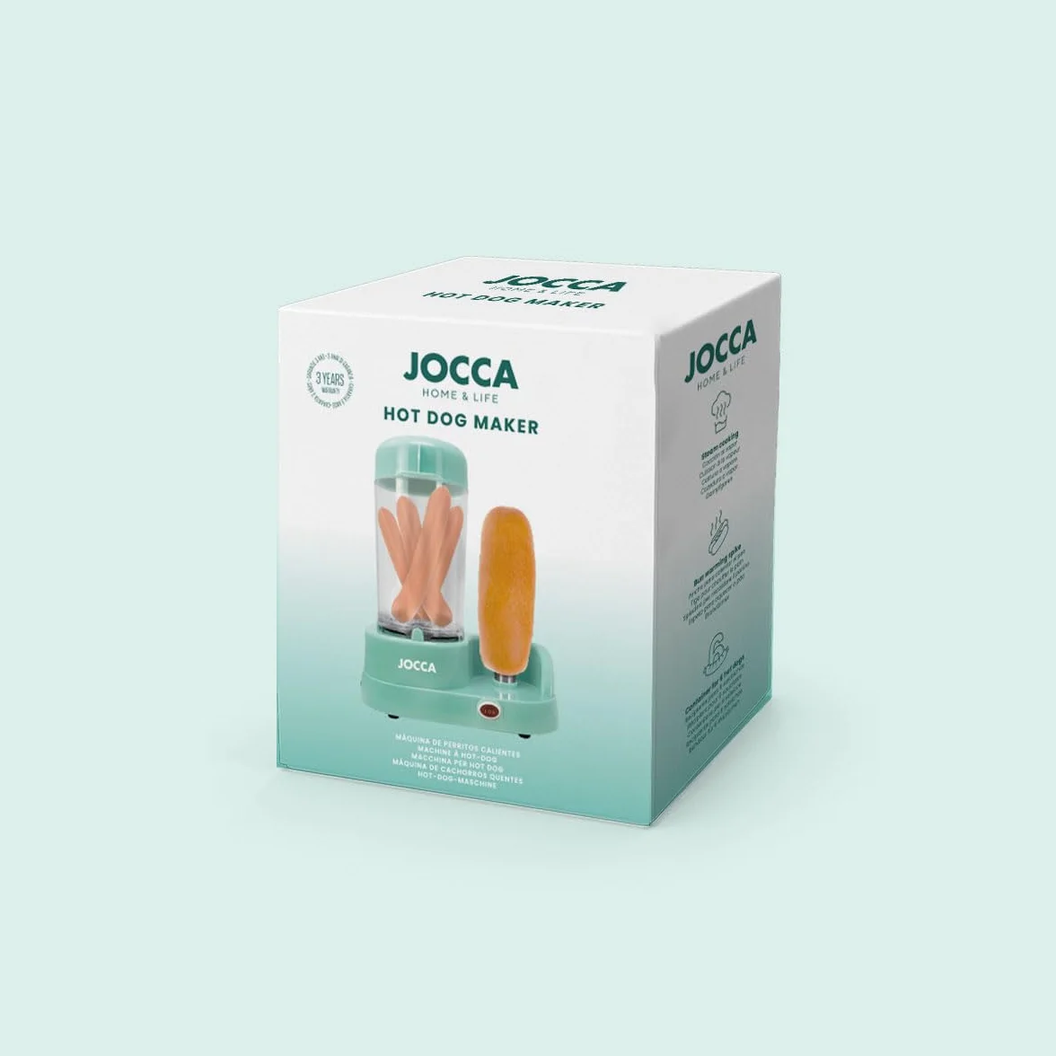 Jocca - Máquina para perritos calientes | Capacidad 6 salchichas | Barra de acero inoxidable para pan | 350 W | Fácil de usar y limpiar | Color turquesa | Diseño compacto y divertido