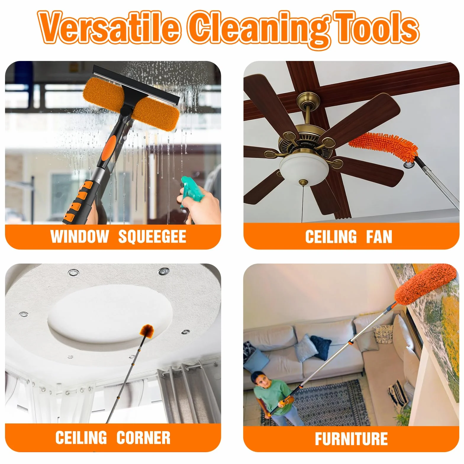LAANPOLE Kit de Limpieza y Plumero de Gran Alcance 7,2m con Pértiga de Extensión, Herramienta para Limpiar Aspas de Ventilador de Techo, Kit de Limpieza de Cristales con Plumero