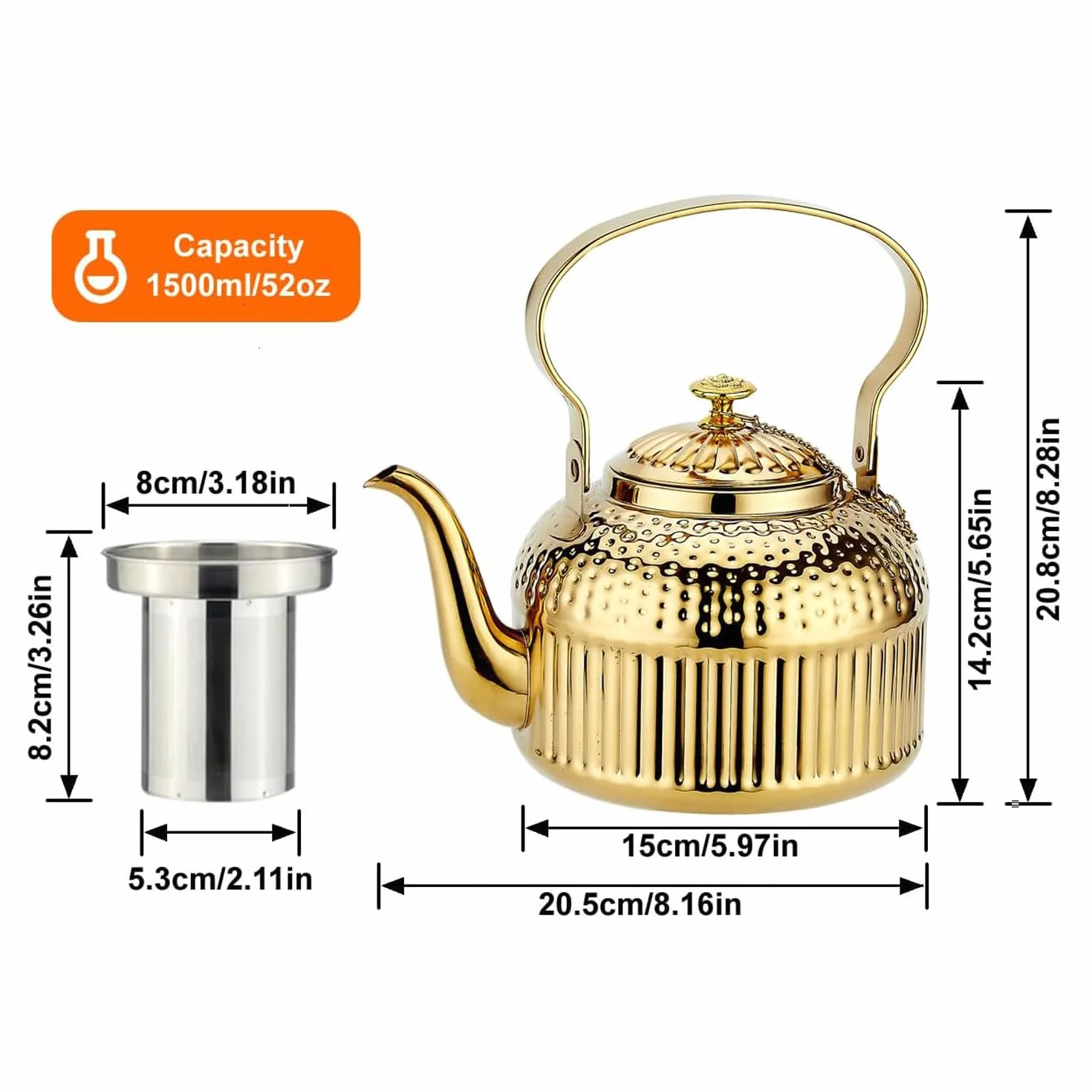 SANQIAHOME 1500 ml Tetera de acero inoxidable con infusor,antiguo,Oro