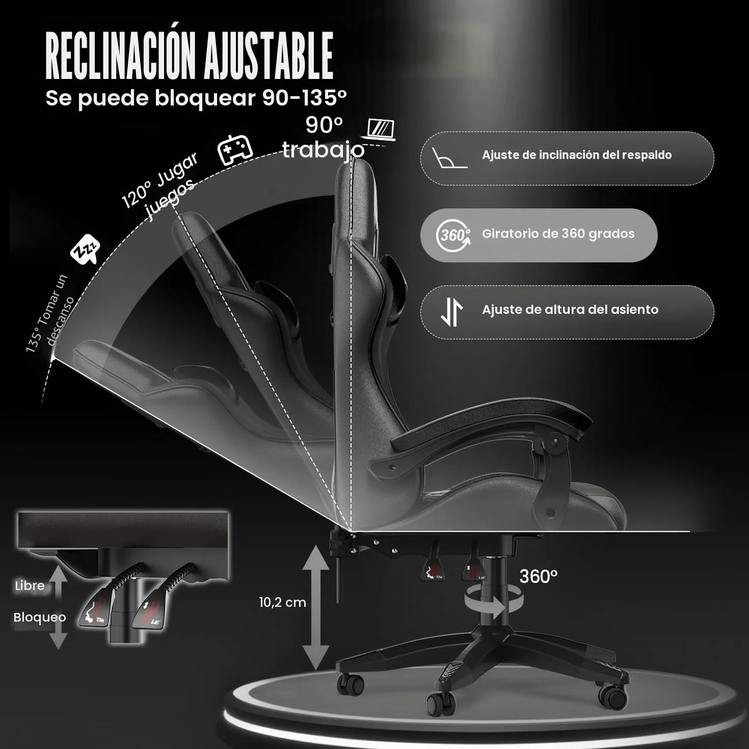 Silla Gaming Ergonómica de Oficina en Cuero PU, Regulable en Altura, Soporte Lumbar, Reposacabezas, Respaldo Reclinable 155°, Silla Gamer Adulto Niño (Negro)