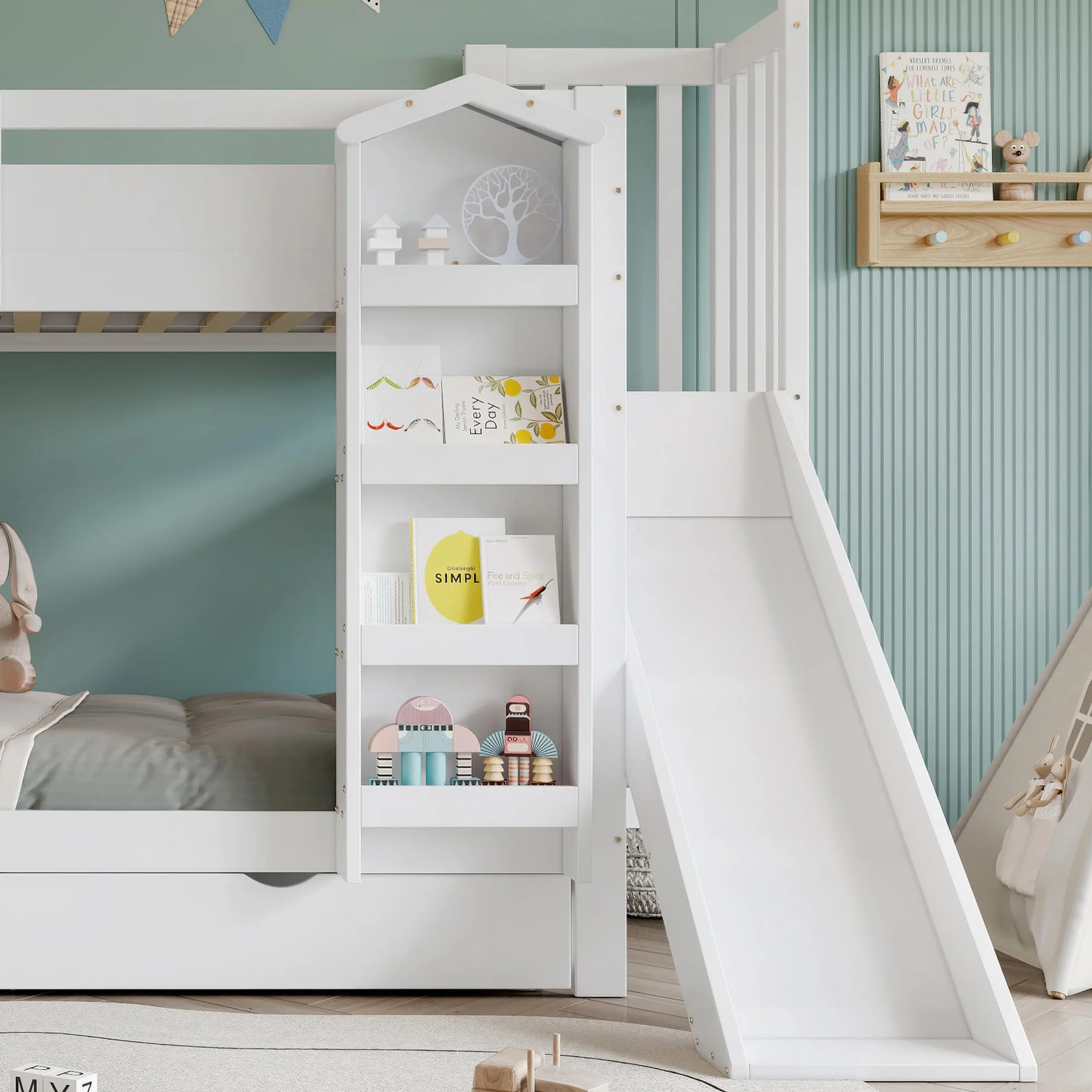 Litera, cuna, con estante para libros, dos cajones con ruedas y tobogán infantil, armario de almacenamiento para escaleras, pino + MDF + madera contrachapada, blanco, 90 x 200 cm