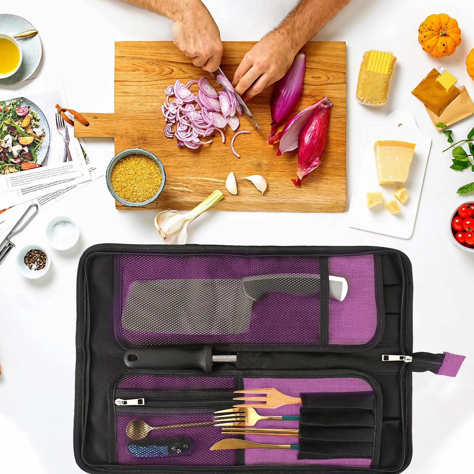 Qchengsan Bolsa Enrollable para Cuchillos de Chef Oxford, 13 Ranuras, Portátil