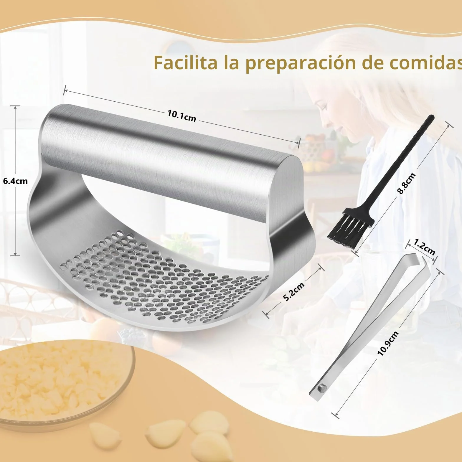 Prensa Ajos Acero Inoxidable Profesional Ergonómico Set Cocina con Pelador y Cepillo Apto Lavavajillas