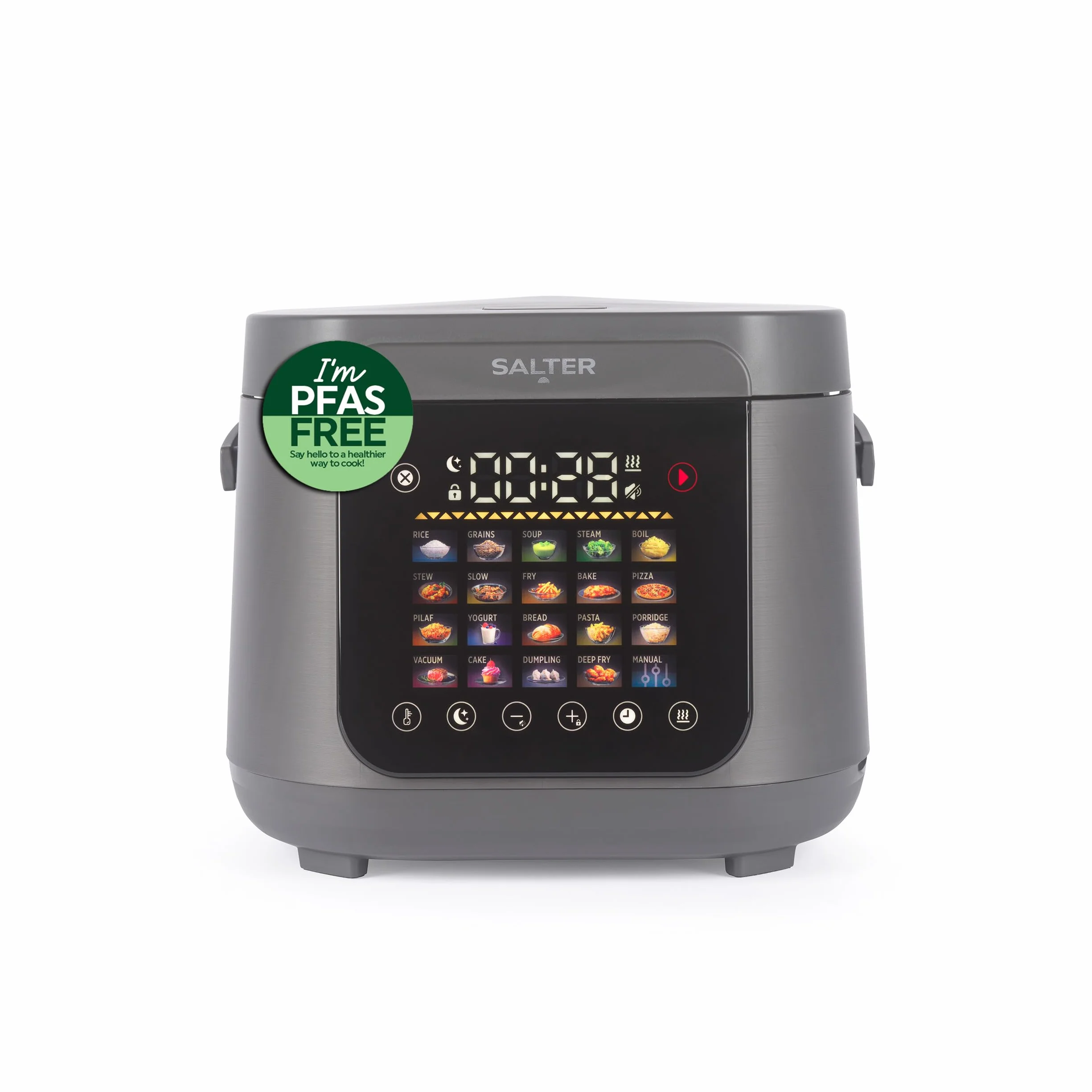 Salter Multicooker de 5 litros - 20 programas preestablecidos y función mantener caliente durante 12 horas, recubrimiento antiadherente sin PFAS, tapa interior y válvula de vapor extraíbles, 860W
