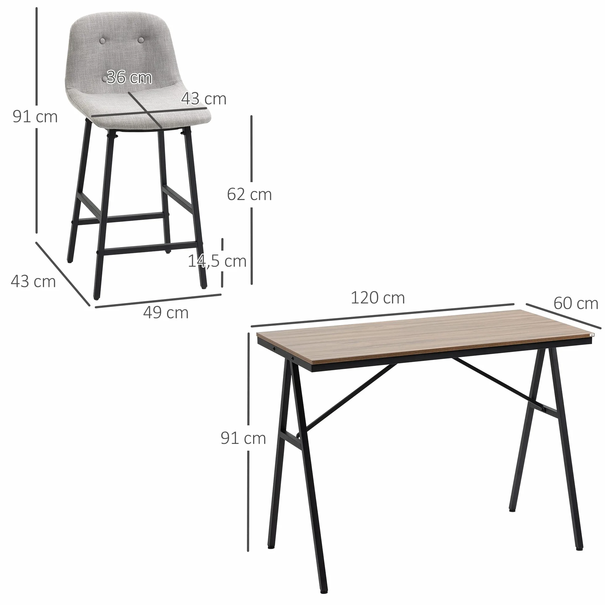 HOMCOM - Conjunto de mesa de bar con taburetes, mesa de comedor de pie con 4 sillas tapizadas, patas de acero, estilo industrial, mesa alta bar y 4 taburetes para comedor, cocina, color gris claro
