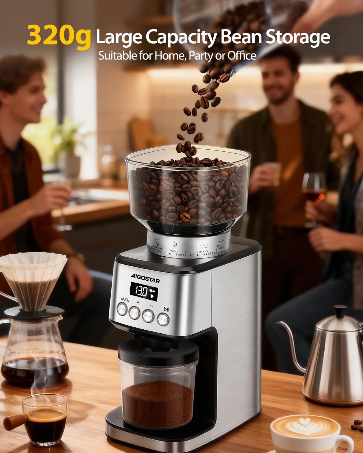 Aigostar Molinillo de Café Eléctrico, 52 Ajustes de Molido Molinillo Café de Cono, Grinder Electrico Para Café Espresso, Moledor Profesional con Pantalla Lcd Digital Precisa, Acero inoxidable, Plata