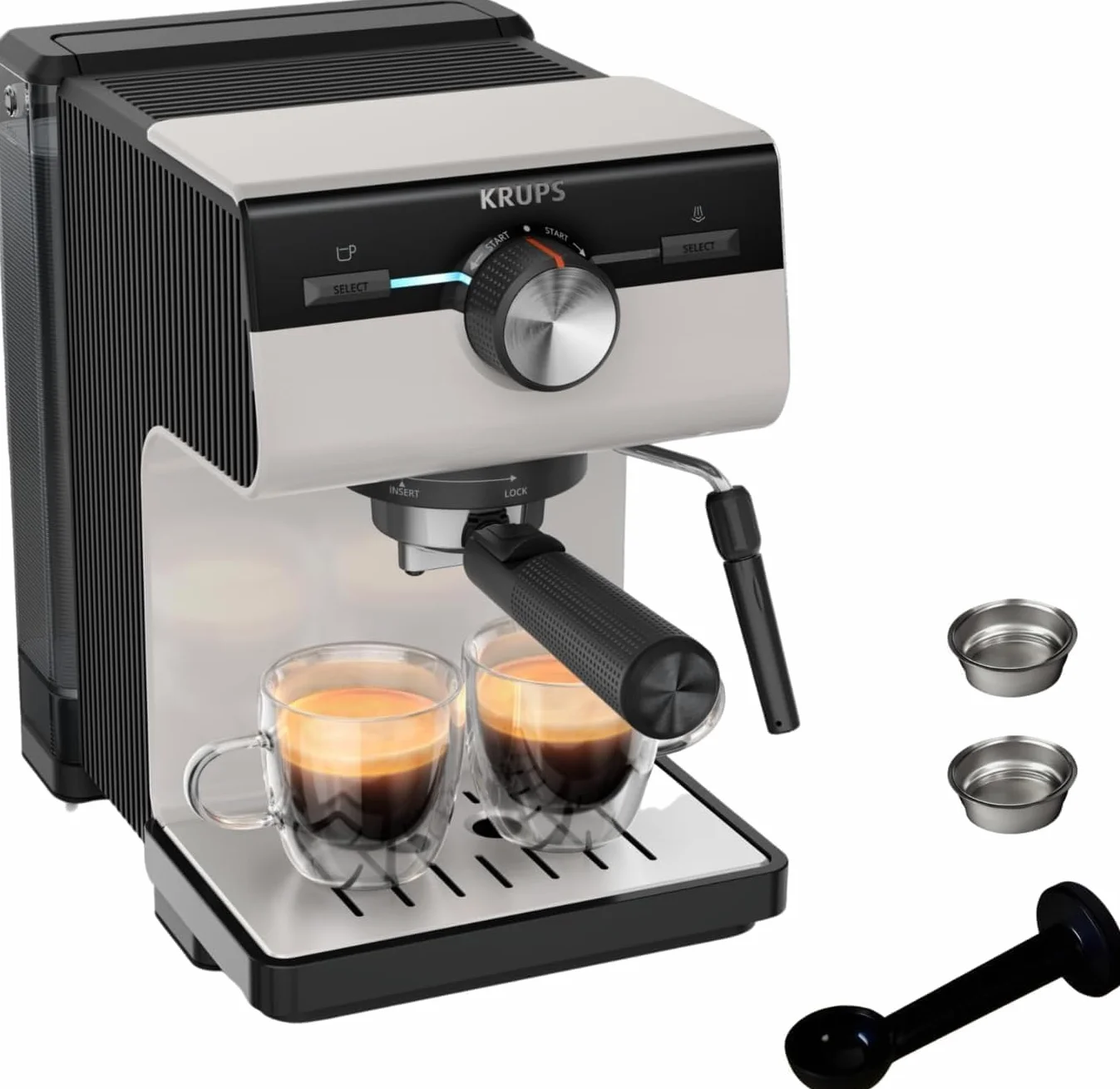 Krups Authentic, Cafetera Espresso Manual, 15 bares de presión, Espumador de leche, Ajuste Manual, Cuchara Medidora y Compactadora, depósito de 2 L de capacidad, Inox, XP381B