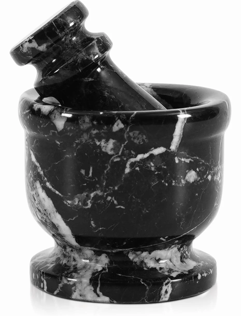 Radicaln Mortero de mármol y mortero de cebra negra, molinillo de especias hecho a mano de 2.5 pulgadas, juego de cuenco pequeño de trituradora de ajo, mortero y mortero de mano para juego de cocina