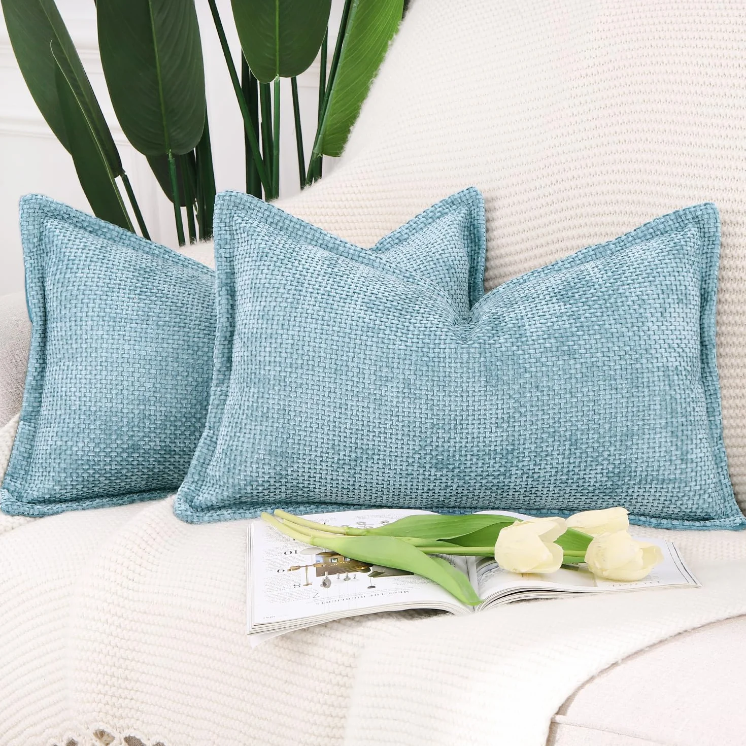 Madizz Juego de 2 Fundas de Almohada de Terciopelo Chenilla Suave con Borde de Lujo para Sofá Dormitorio 30 x 50 cm Azul Claro