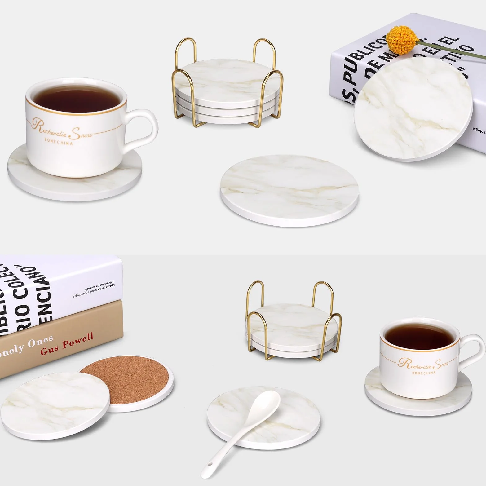Juego de 6 Posavasos de Cerámica Estilo Mármol Blanco con Soporte