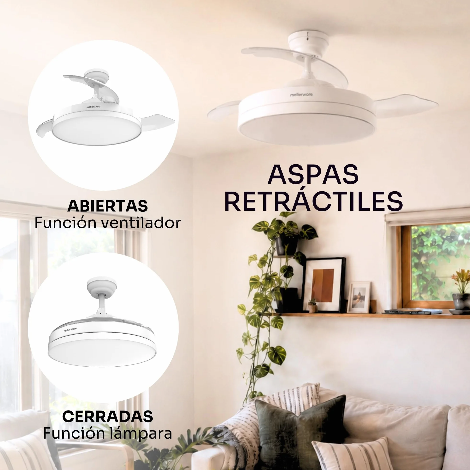 Mellerware - Ventilador de techo retráctil Brizy plegable de 40 W | 6 velocidades | 3 aspas | Ø 106 cm | Motor DC ultra silencioso | Temporizador | Función verano invierno | Luz LED