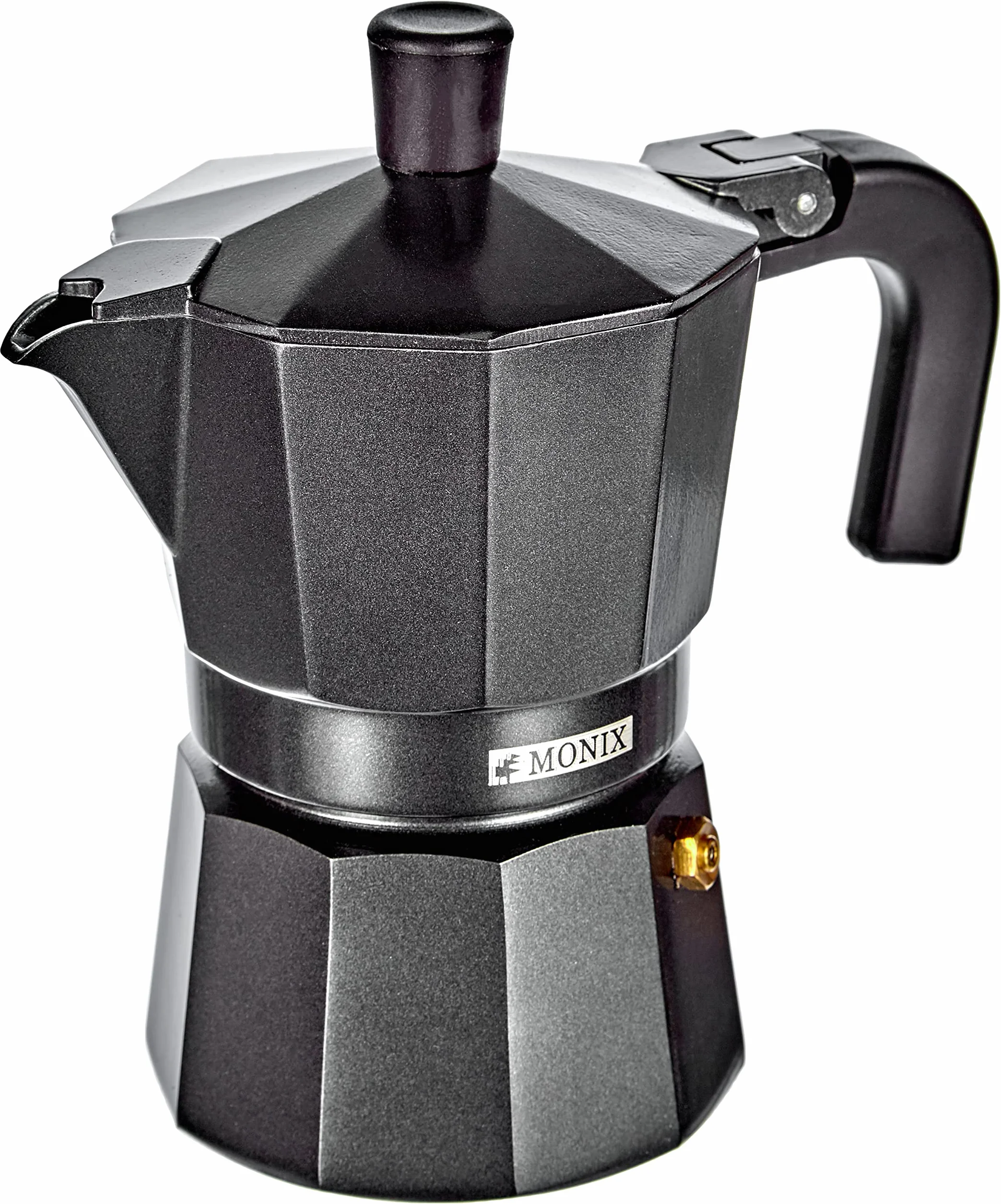 Monix Vitro Noir Cafetera Italiana de Aluminio 3 Tazas Apta Vitrocerámica Gas Eléctrica Mango Termoresistente