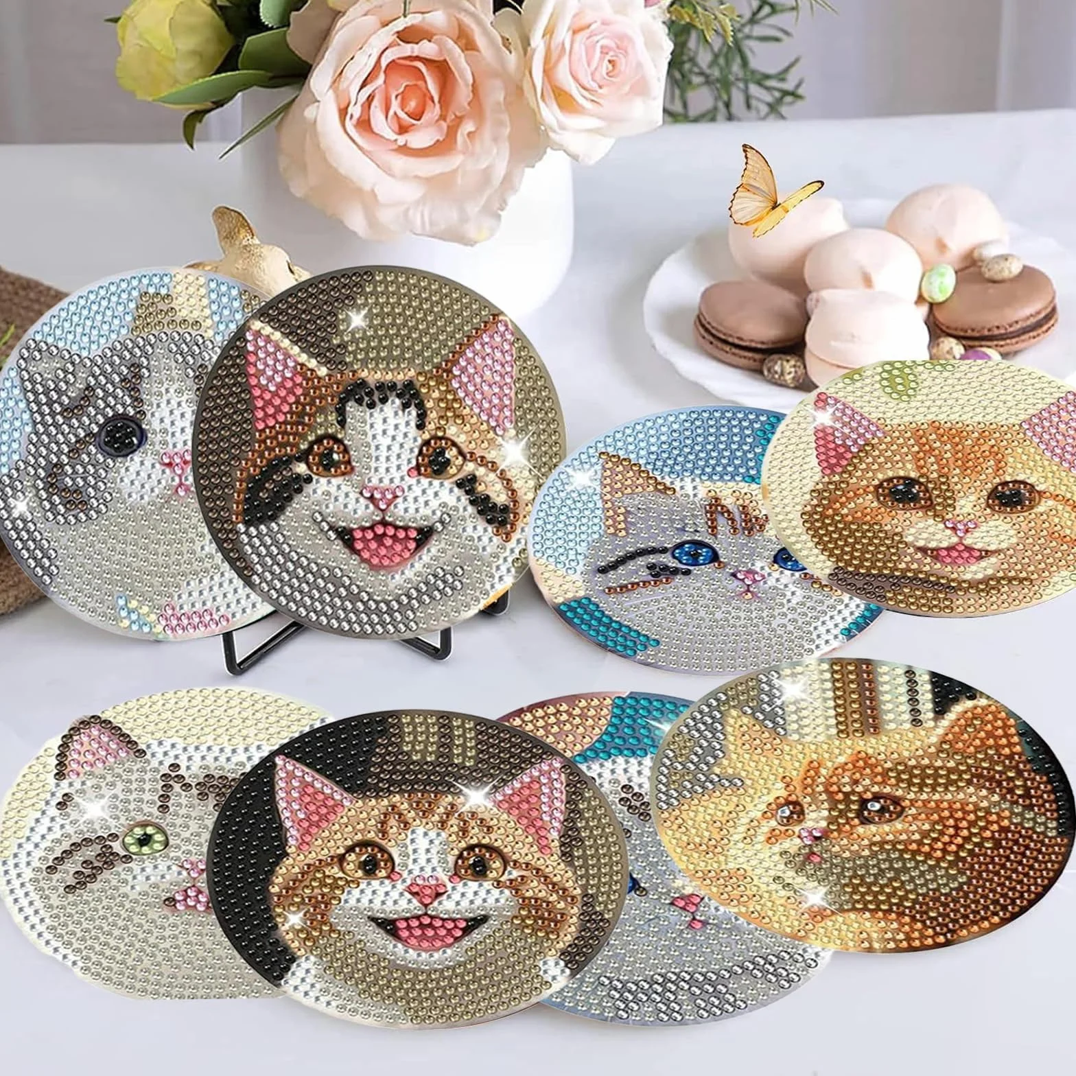 8 Piezas Posavasos de Pintura Diamantes Gato con Soporte Antideslizante Juego de Manualidades para Adultos
