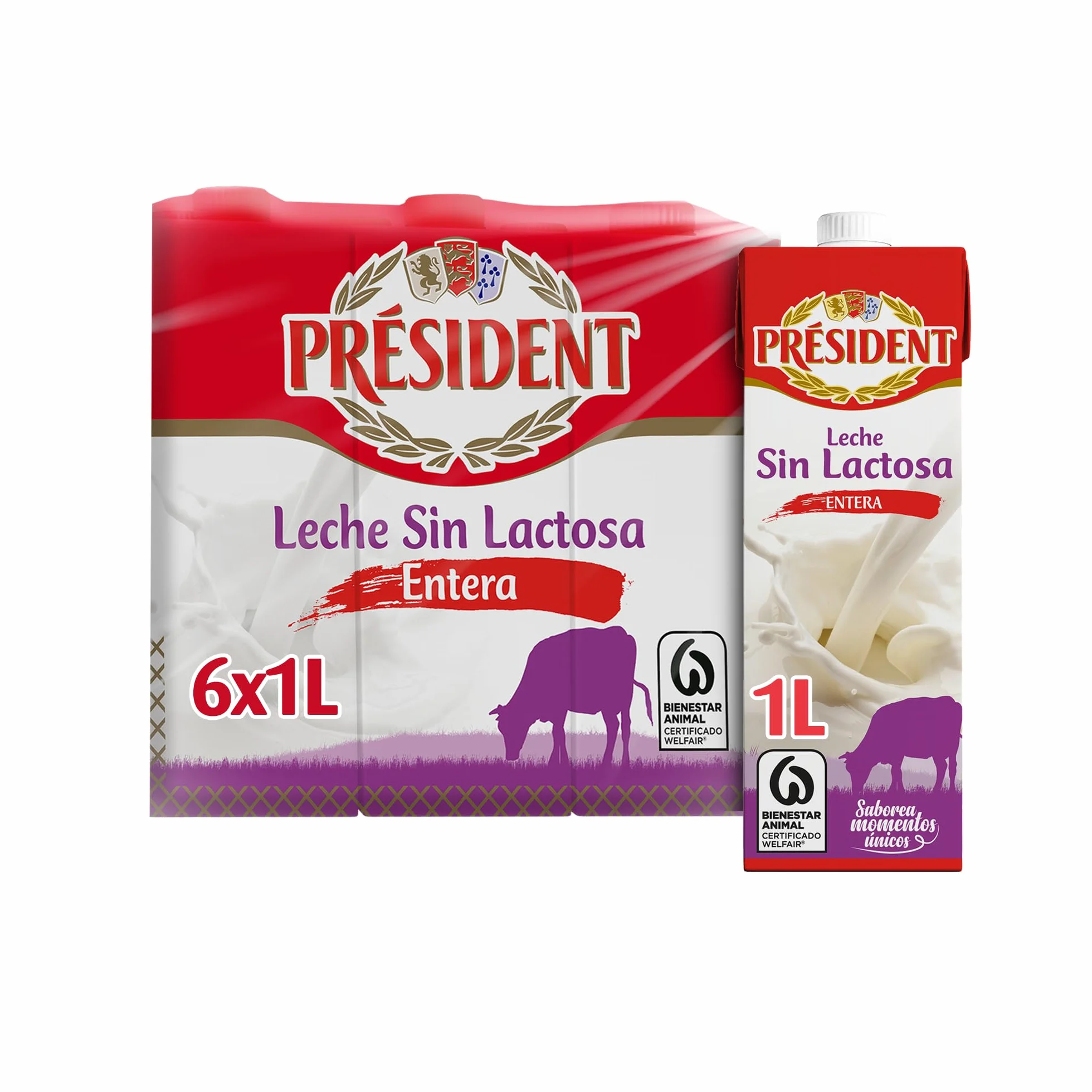 Président Leche Entera Sin Lactosa UHT Natural de Galicia Pack 6 x 1 L