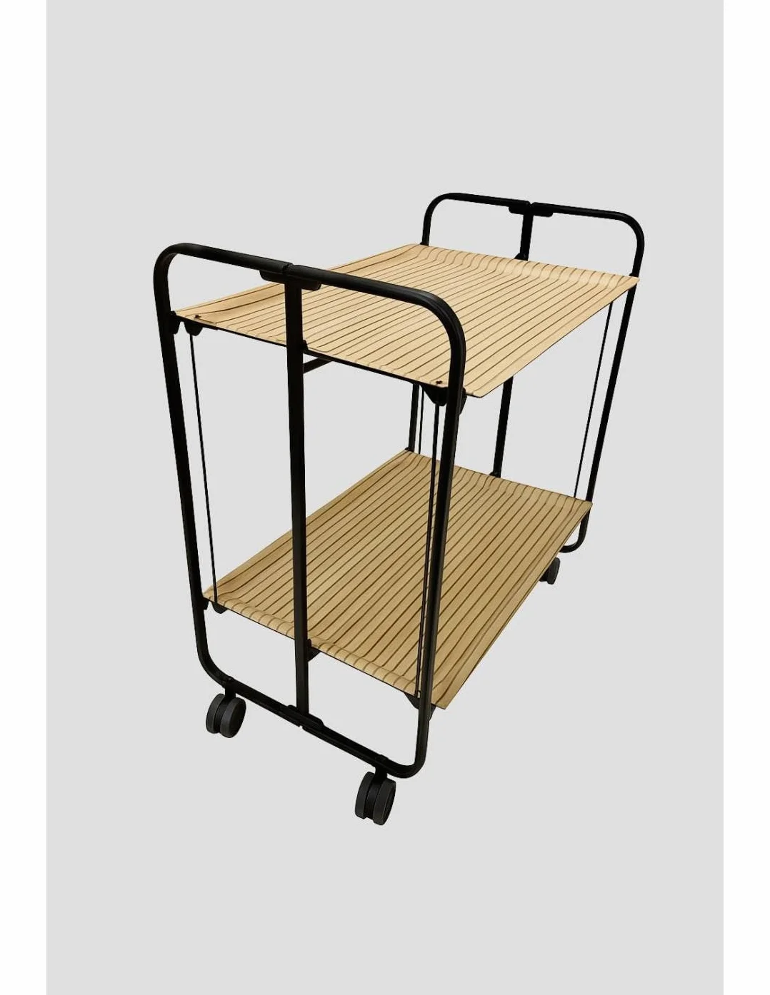 DON HIERRO - Carrito Auxiliar Plegable Bauhaus con Ruedas – Armazón metálico Negro, 2 Niveles, 4 Posiciones Ajustables- Estantes Efecto alistonado