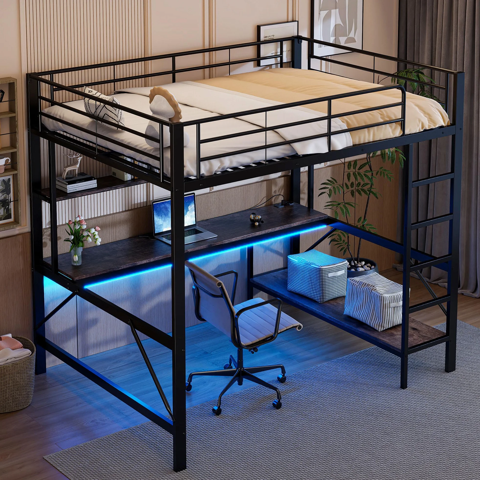 Seyakany cama Mezzanine Infantil 140 x 200 cm, cama Mezzanine de metal de 2 plazas con barreras y escalera, con tomas USB y eléctricas, con iluminación LED, escritorio, varias estanterías, sin colchón