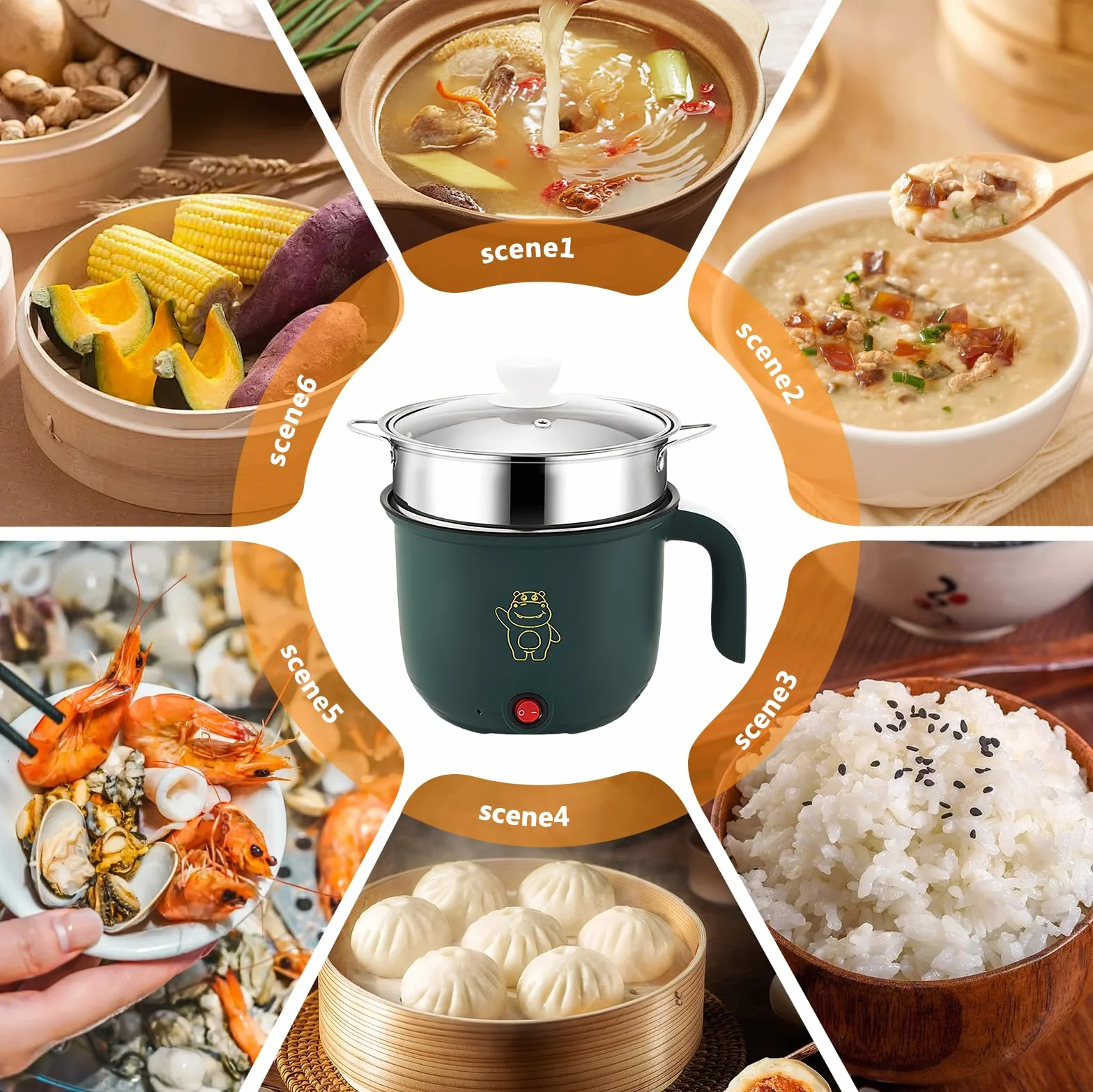 Olla Caliente Eléctrica con Vaporera 1.5L, Mini Sartén Eléctrica Portátil Multifuncional para Cocinar Ramen