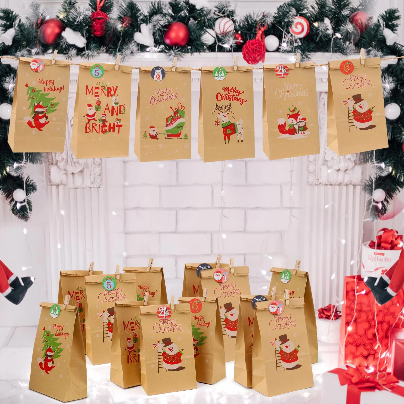 Calendario Adviento 2025 para Rellenar con 24 Bolsas, Adhesivos y Cuerda, DIY Bolsas de Papel Kraft Navideño, Marrón