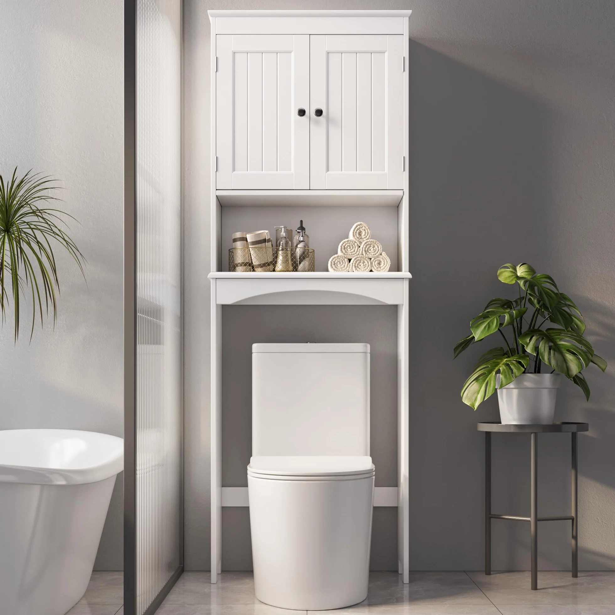 Estantería sobre Inodoro Mueble de Baño con Puertas Estantes Regulables 60x24x168 cm Blanco
