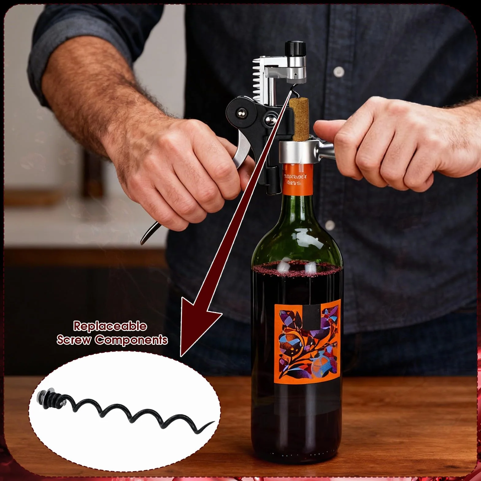Raxfekro Juego de 5 sacacorchos prémium con sacacorchos, vertedor de vino, cierre al vacío, cortador de cápsulas y espiral intercambiable para todos los corchos