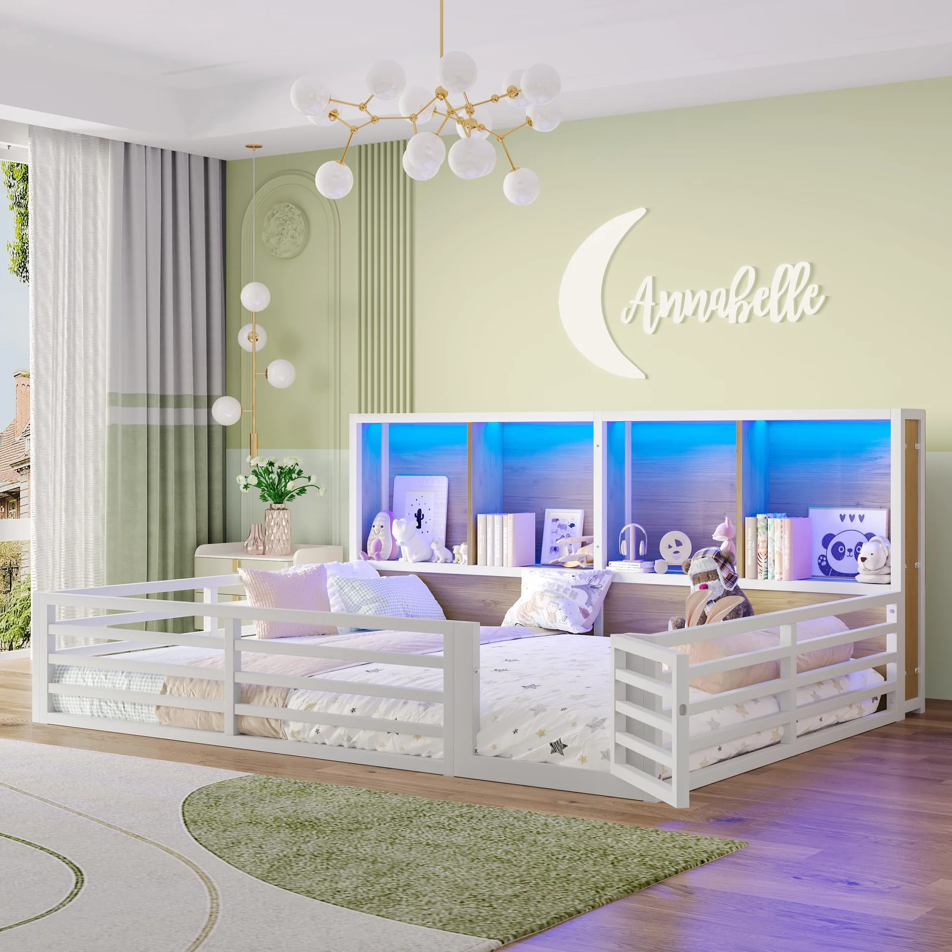 Montessori - Cama infantil (140 x 200 cm, con protección anticaída y somier, cama de casa con 4 compartimentos de almacenamiento, iluminación LED y puerta), color blanco, 140 x 200 cm