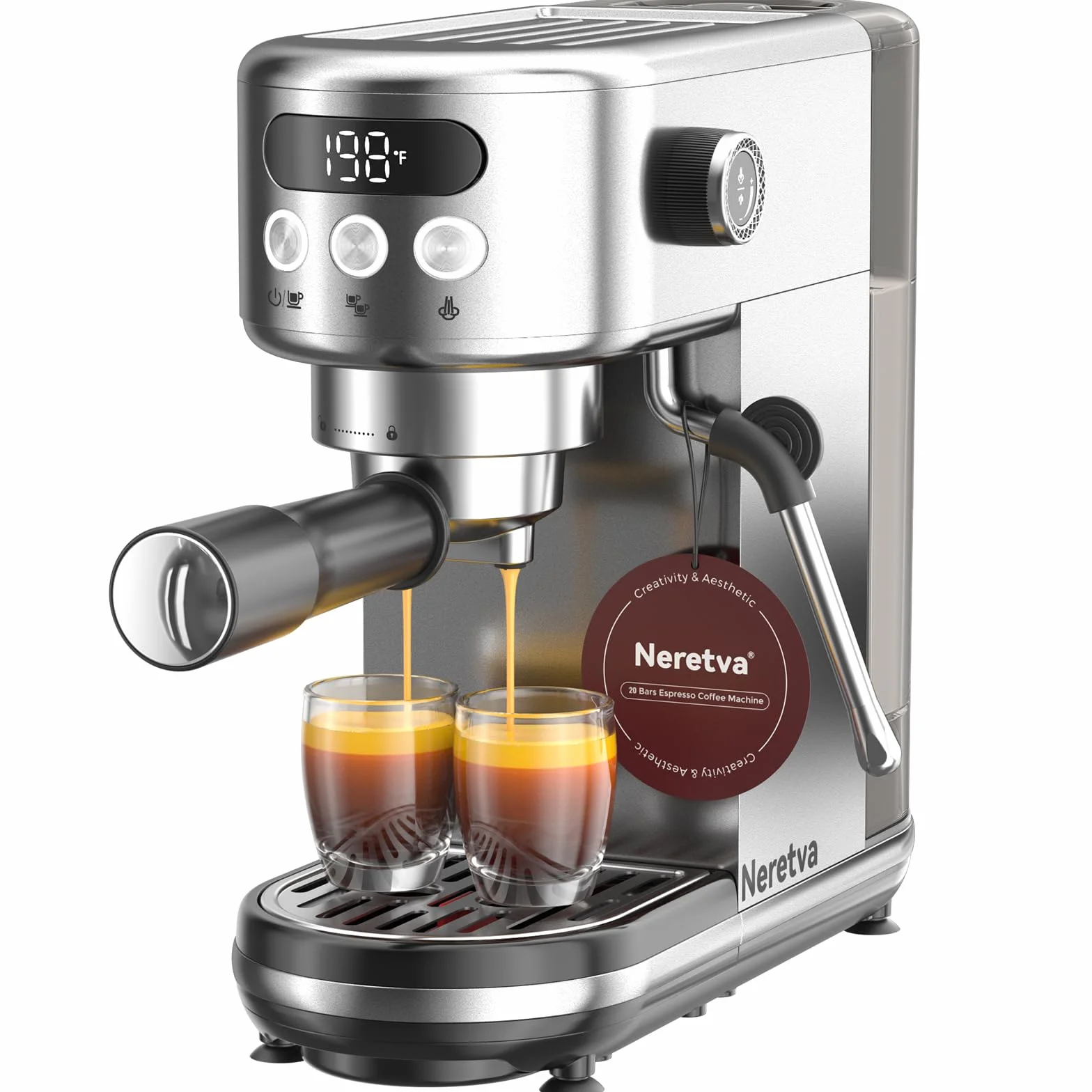 Neretva Cafetera, 20 Bares Cafetera Espresso 1350W Ultracompacta de Acero Inoxidable Con Pantalla LED & Vaporizador & Depósito de1.3 L Cafetera Express Profesional Doméstica – Espresso/Macchiato/Latte