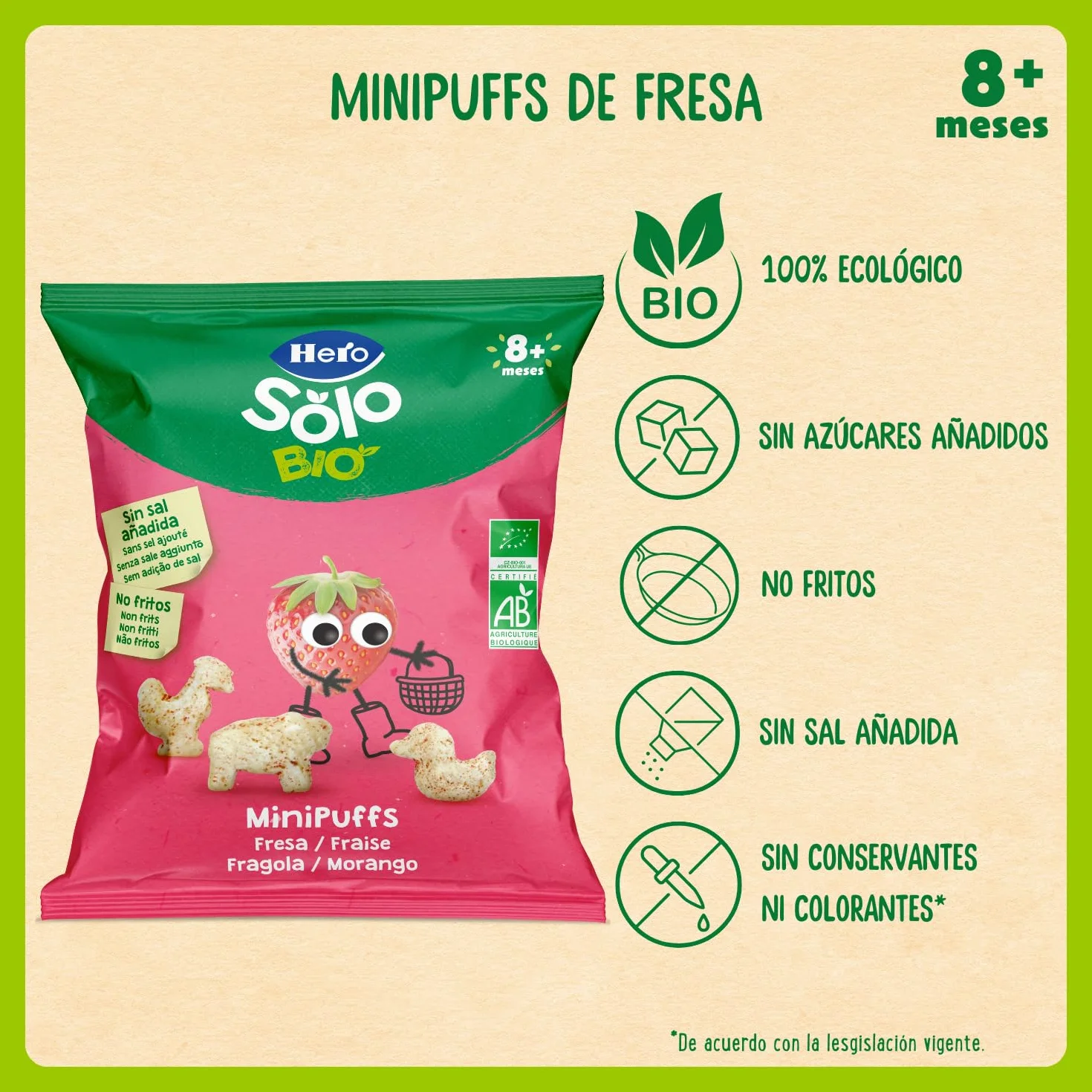 Hero Solo Minipuff Snack de Fresa BIO Ecológico No Fritos Sin Azúcares Añadidos Pack 10 x 18 g